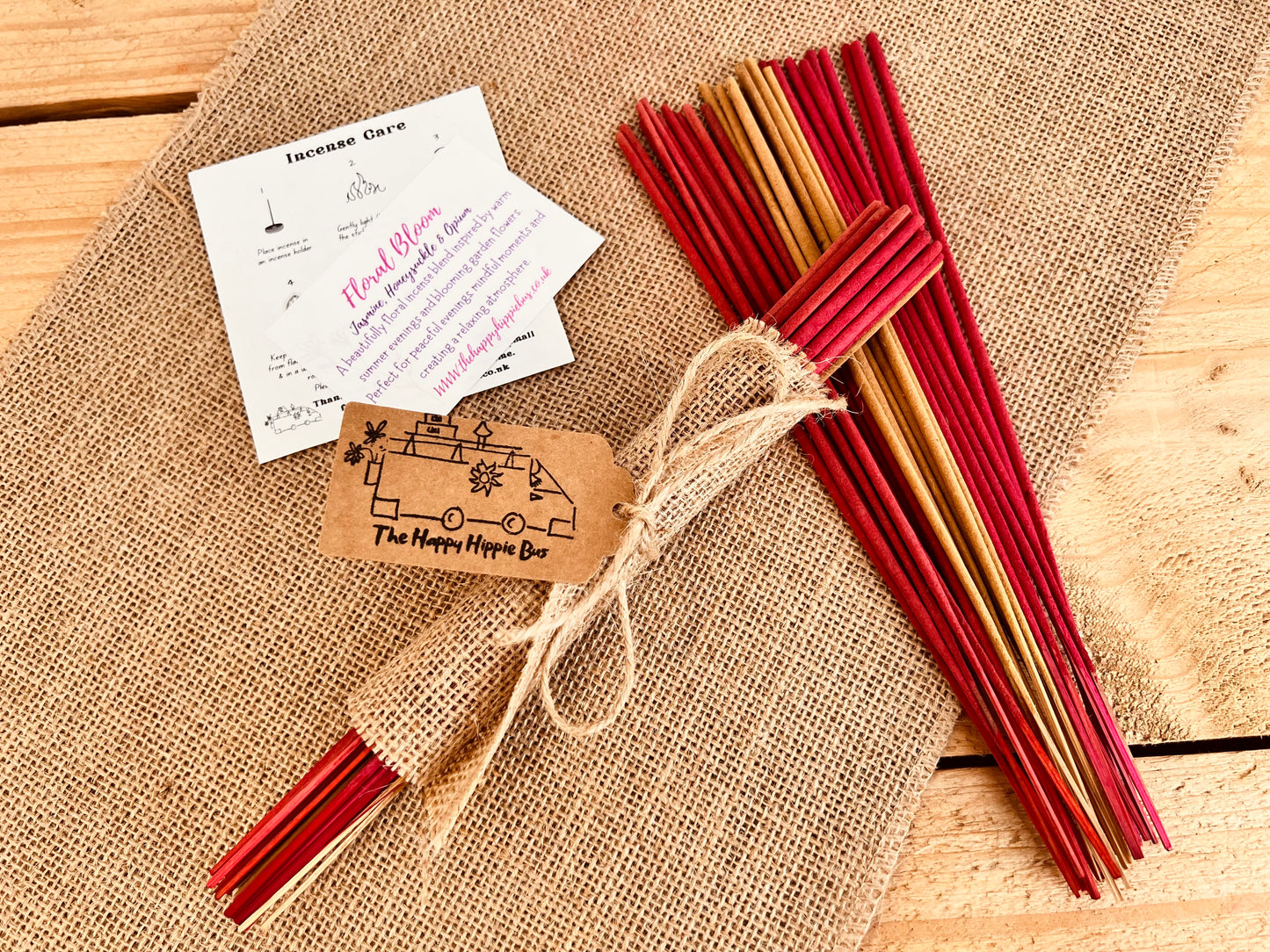 Handmade Fair Trade Ethically Sourced Natural Incense Sticks Boho Joss Sticks Summer Scents Jasmine Honeysuckle Midnight Rose Hand Rolled Non Toxic Plastic Free Hessian Wrapped Gift