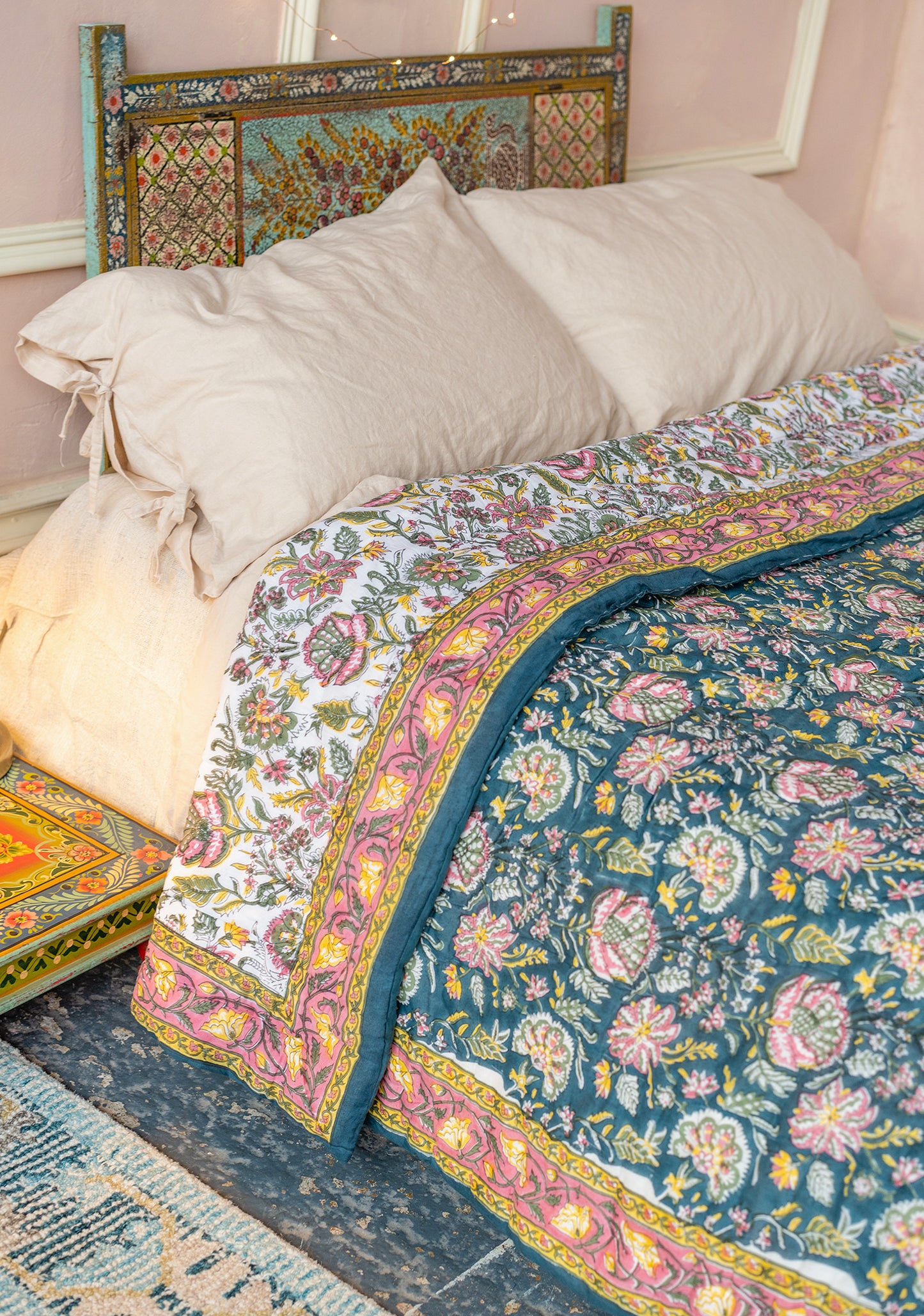 Handmade pink blue floral bedspread fair trade hippie cover 