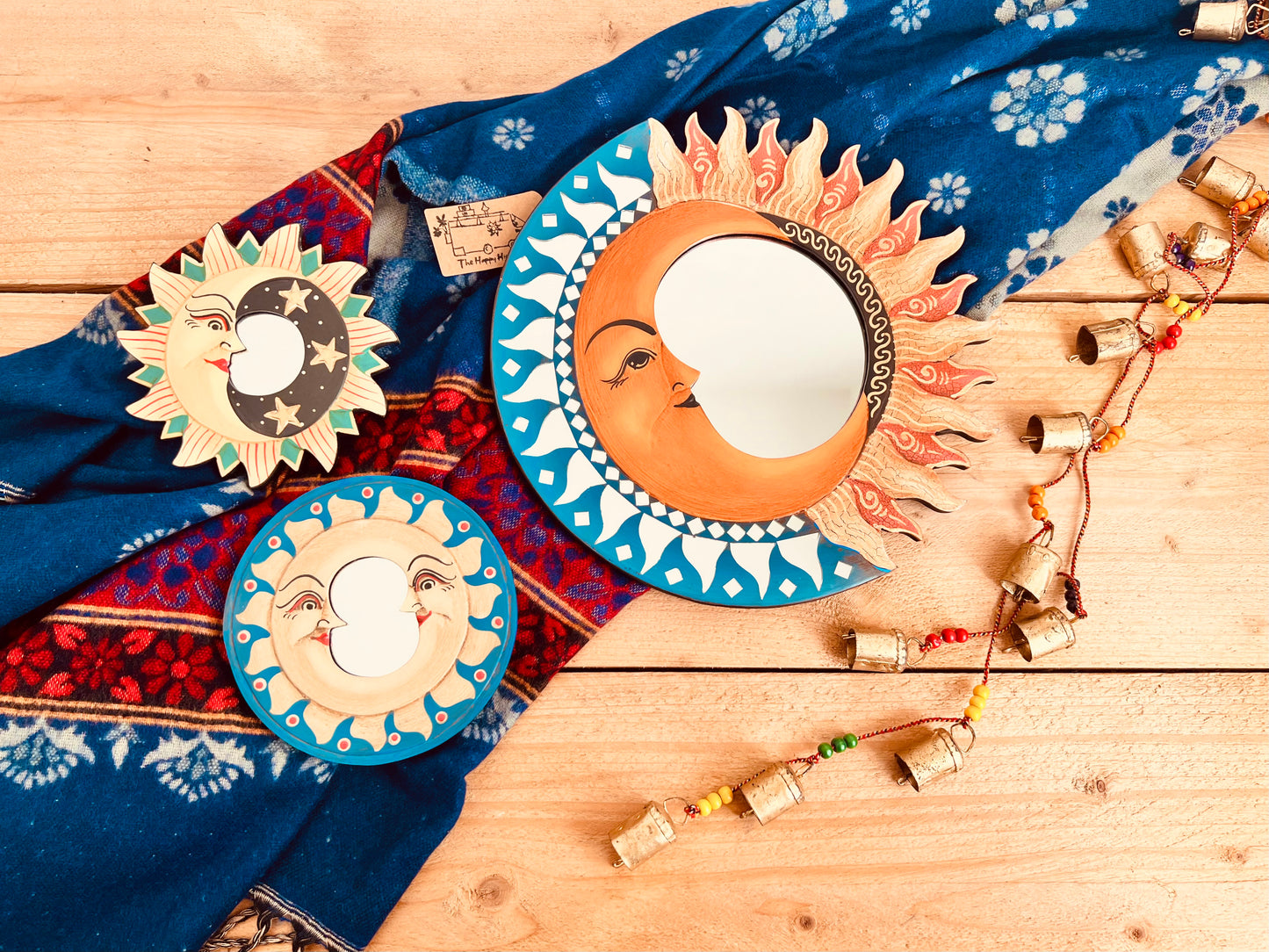 set of three sun, crescent moon & star wooden wall mirrors, handmade colourful boho wall hanging mirrors, boho hippie home decor