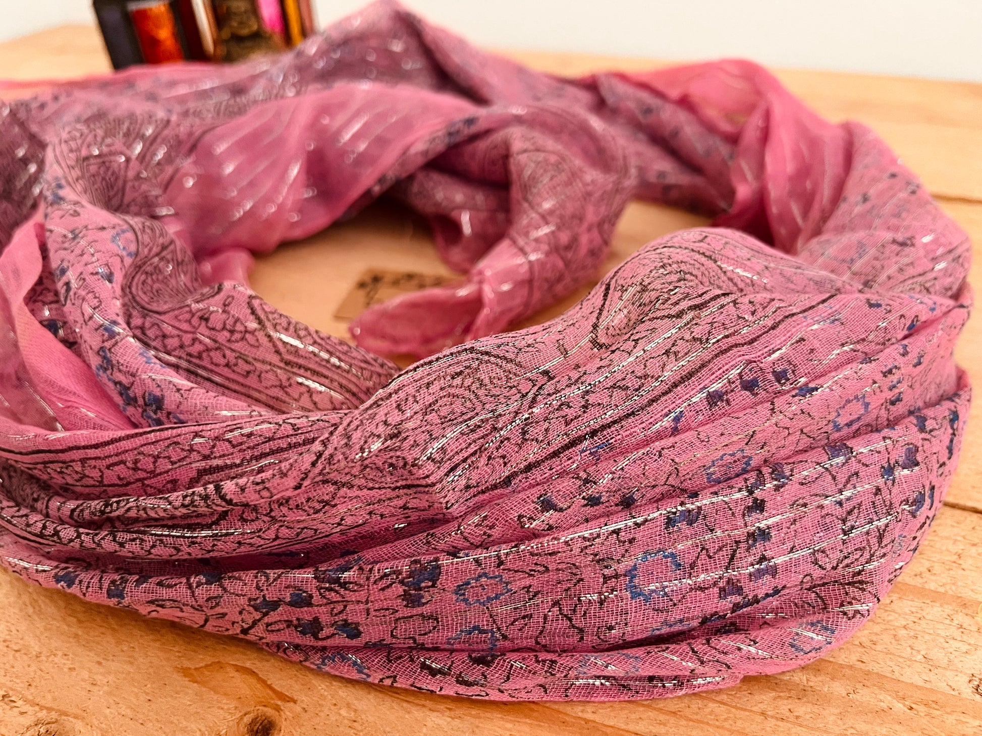 Rose pink Colourful Handmade lightweight boho ethnic print scarf with silver lurex thread, soft lightweight shawl scarves with tassel edge, boho hippie chic accessories 
