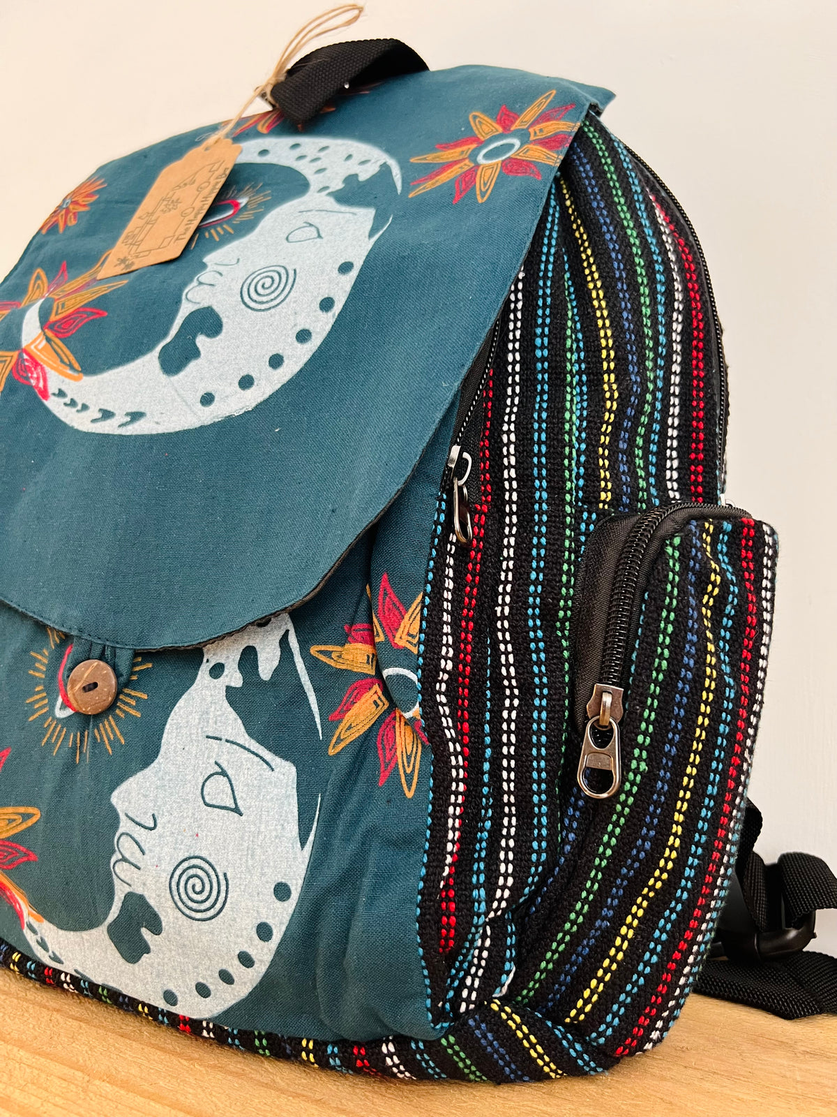 Crescent Moon Hand Printed Backpack Midnight Blue & Earth Green