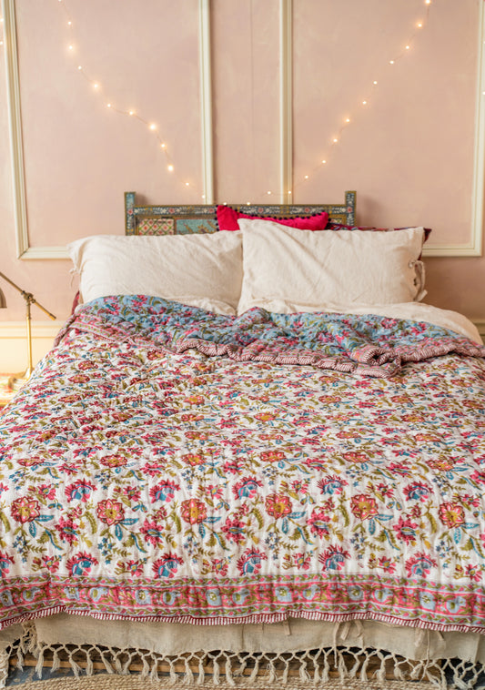 Vintage Rose Block Print Bedspread
