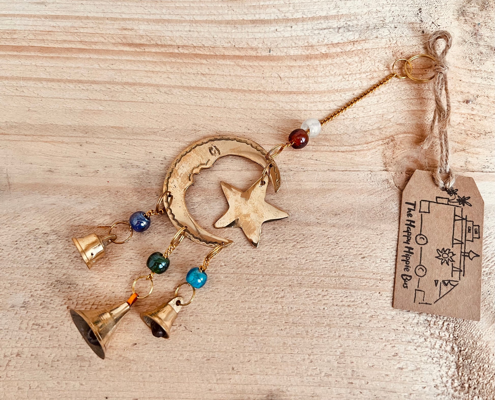 Mini crescent moon and star brass bells small fair trade handmade ethically sourced wind chime