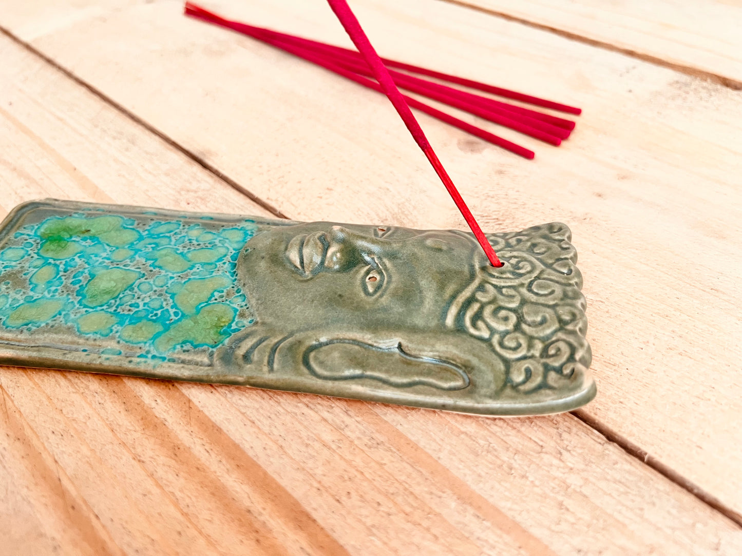 Handmade Fair Trade Ceramic Buddha Incense Holder Green Gold