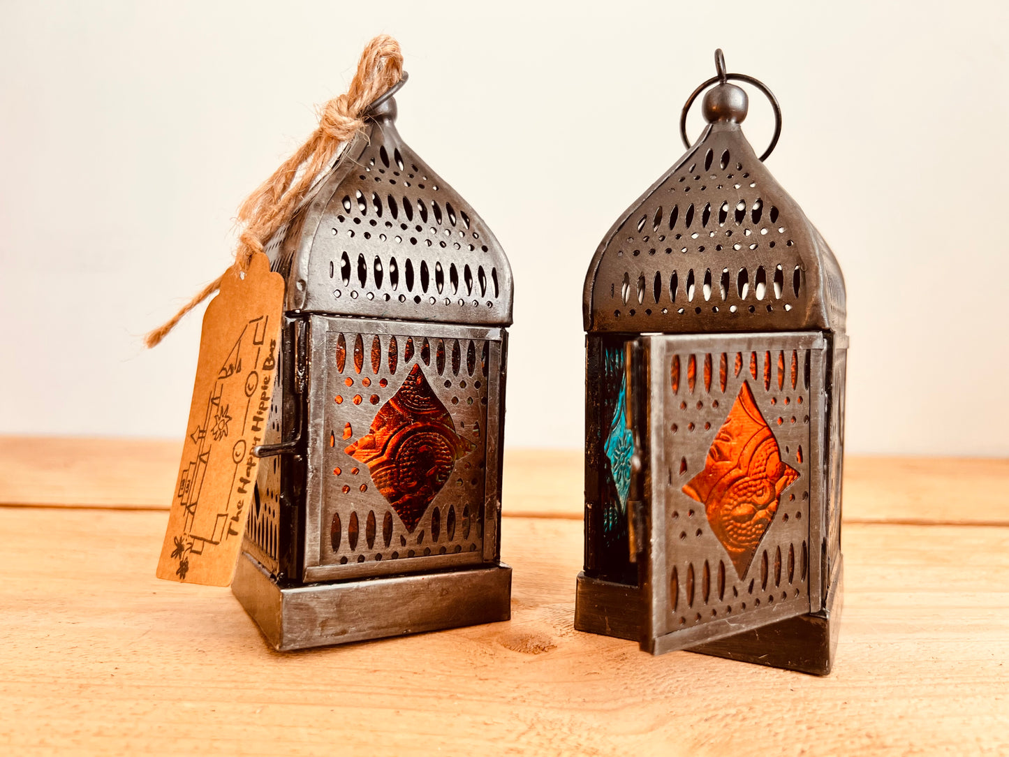 Handmade Faire Trade Ethically Sourced Bohemian Hippie Moroccan Style Lantern Silver Orange Blue T Light Holder Mini Gift Hanging Decor Unique Recycled Metal Eco Plastic Free