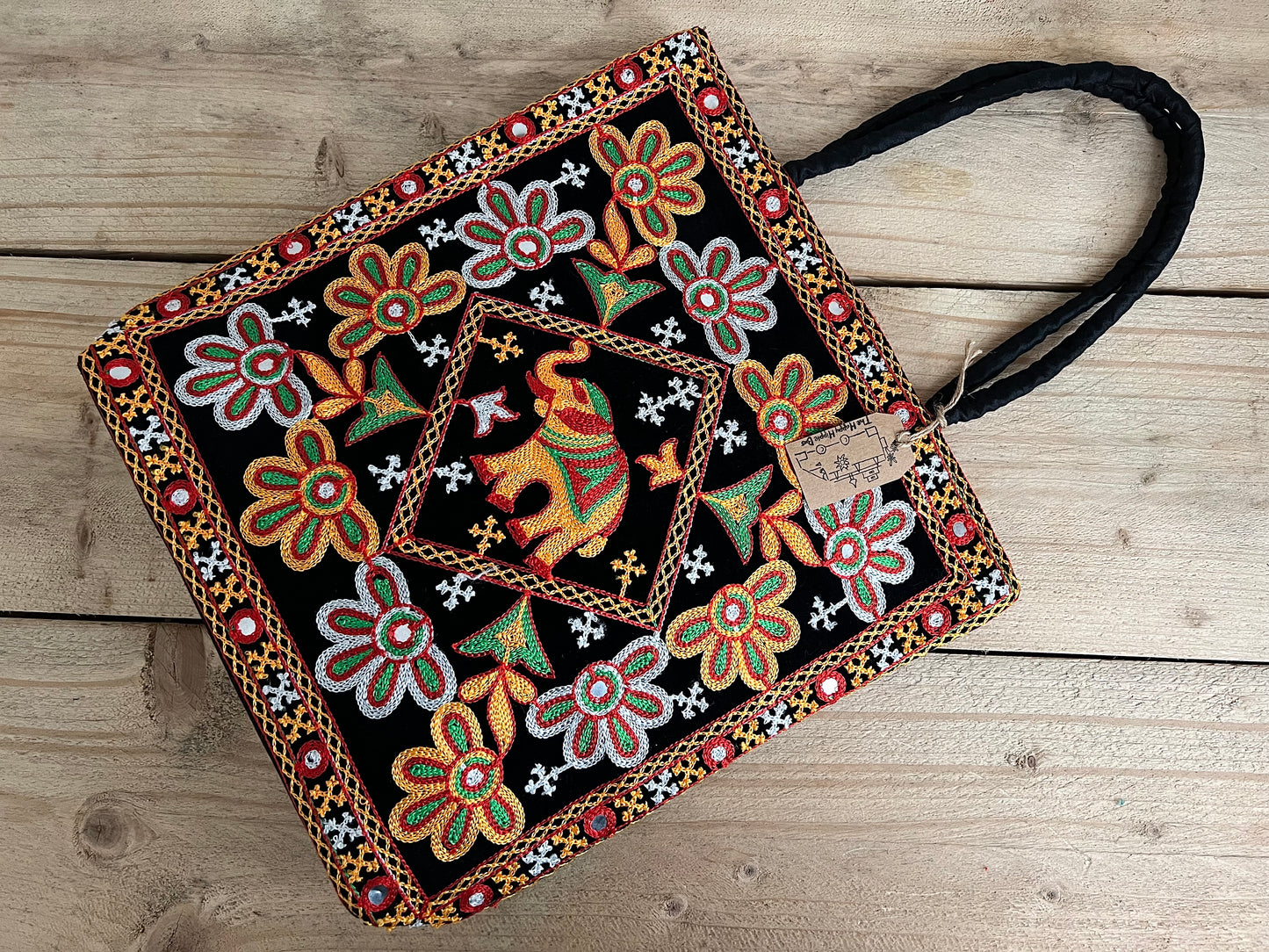 Handmade Fair Trade Ethically Sourced Hand Embroidered Bohemian Elephant Shoulder Bag  Black