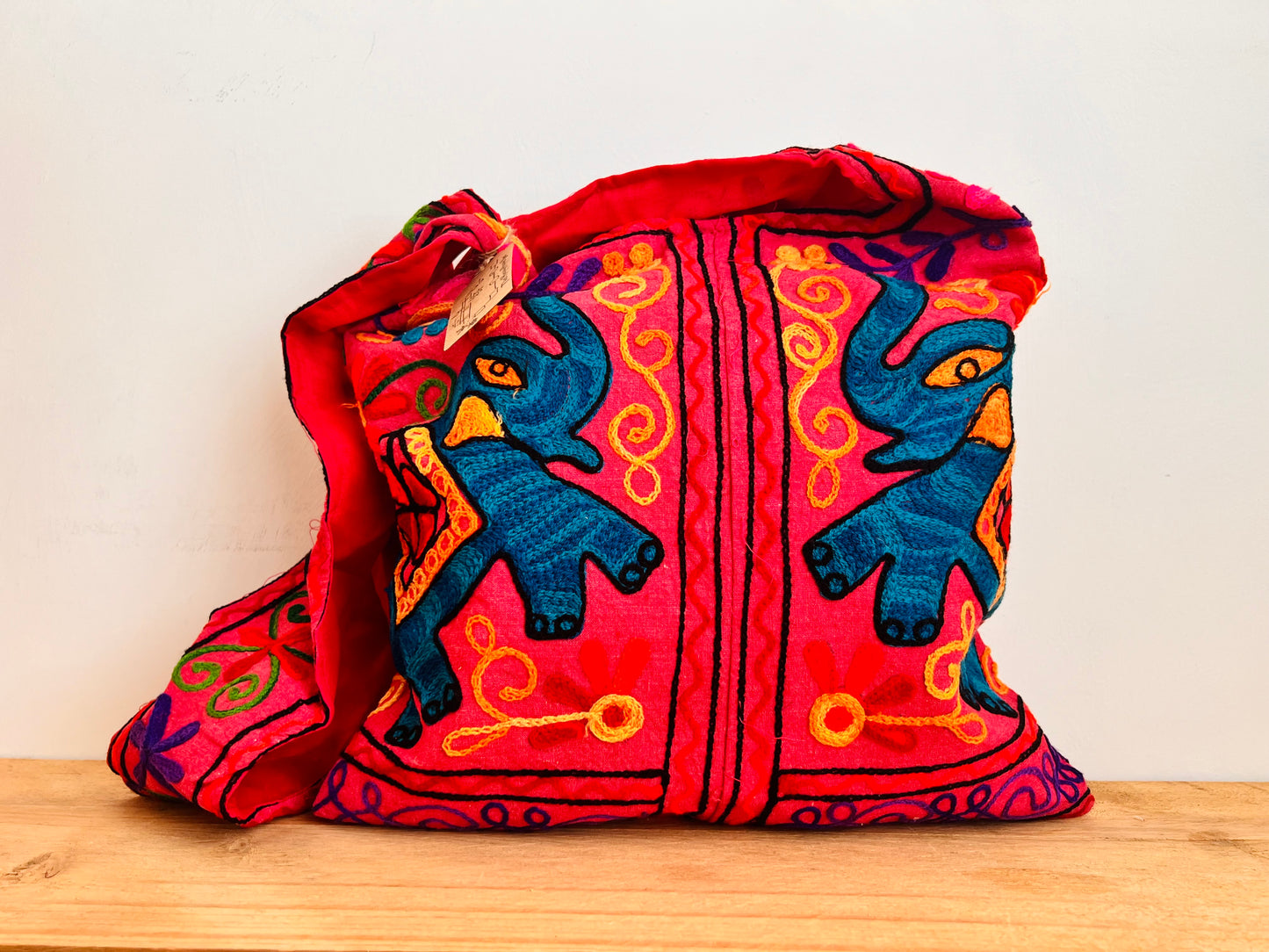 Hand Embroidered Elephant Shoulder Bag Pink & Purple