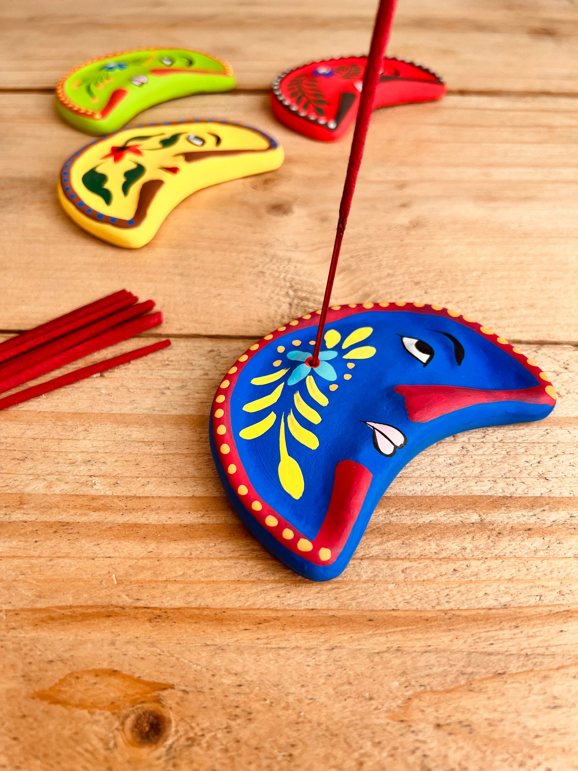 Handmade Fair Trade Crescent Moon With Face Hand Painted Incense Stick Holder Ash Catcher Clay Blue