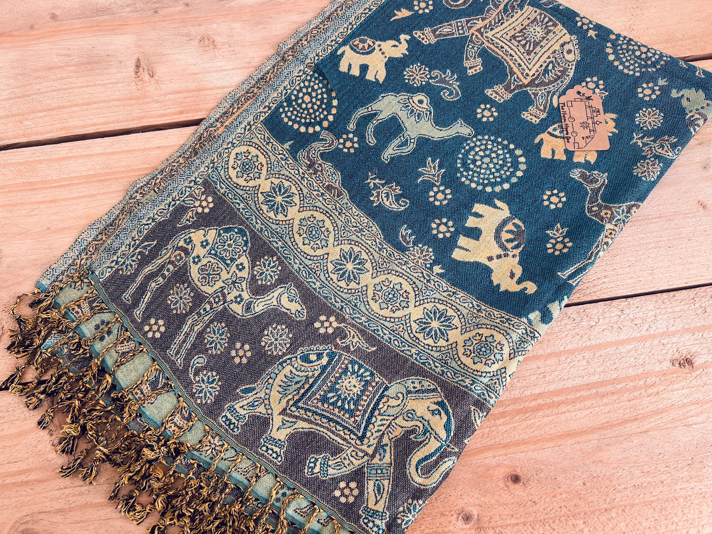 Handmade Fair Trade Ethically Sourced Blue Oversized Blanket Scarf Elephant Print Tassels Hippie Indian Gold Yellow Sofa Blanket 