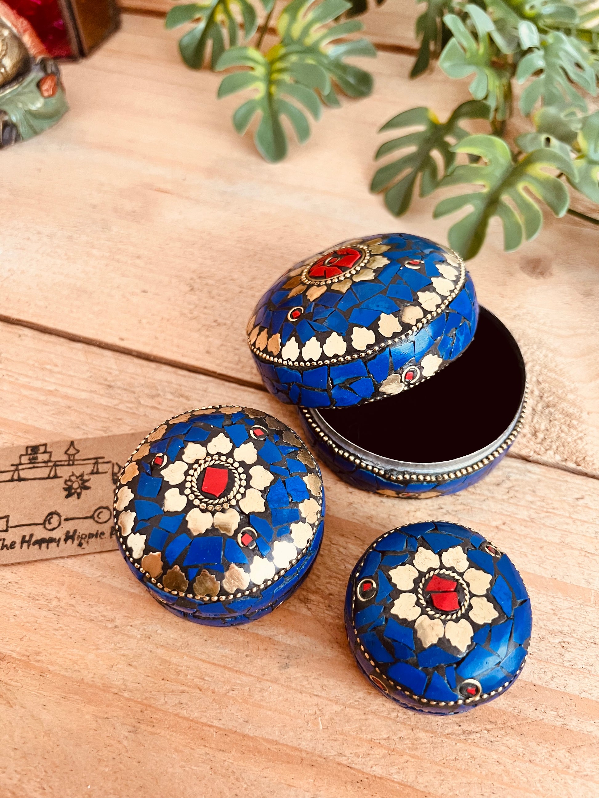 Decorative blue mosaic trinket boxes with gold detailing, fair trade handmade storage