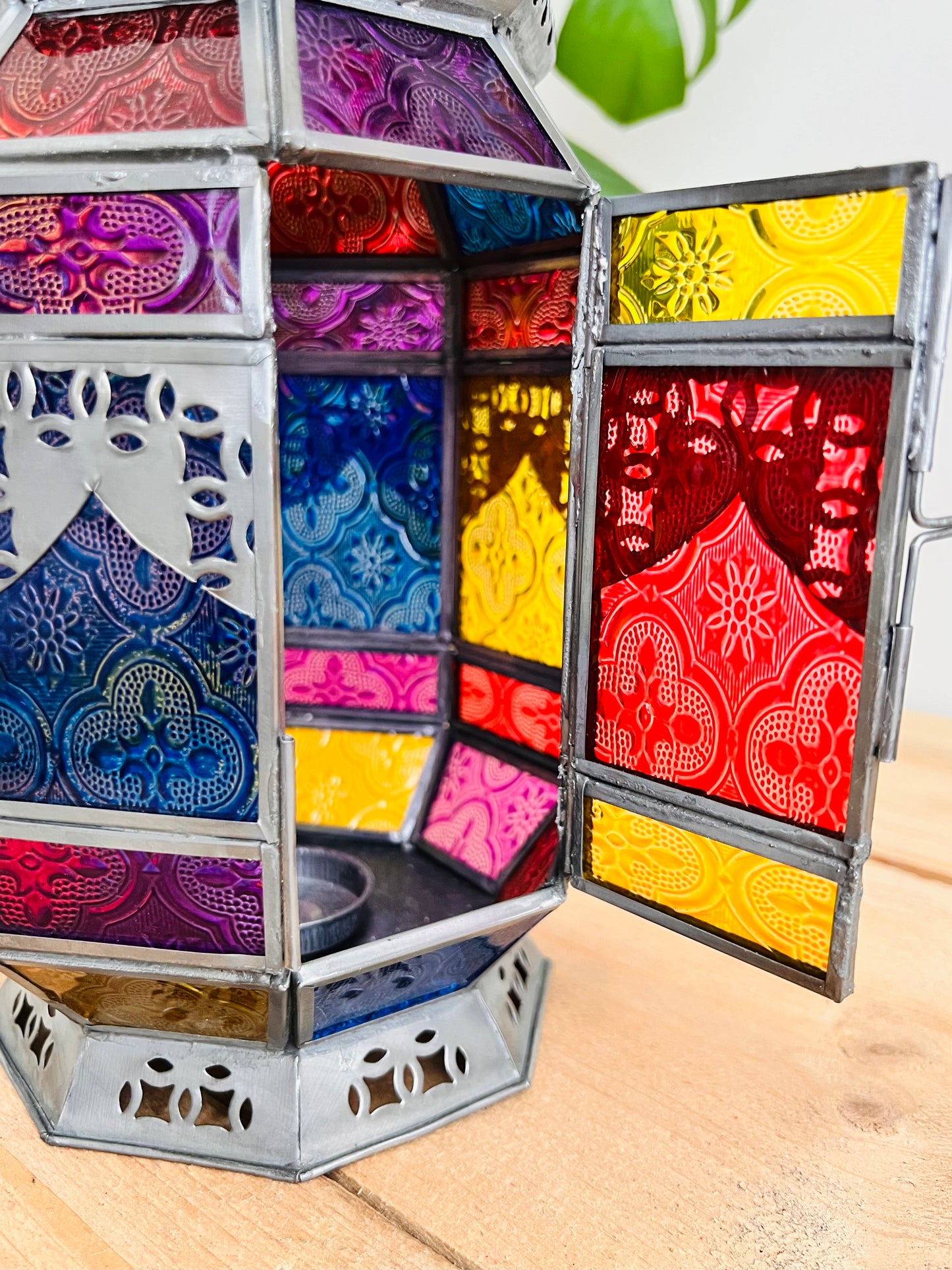 Large Moroccan Style stained glass lantern tea light metal candle holder fair trade handmade ethical lantern