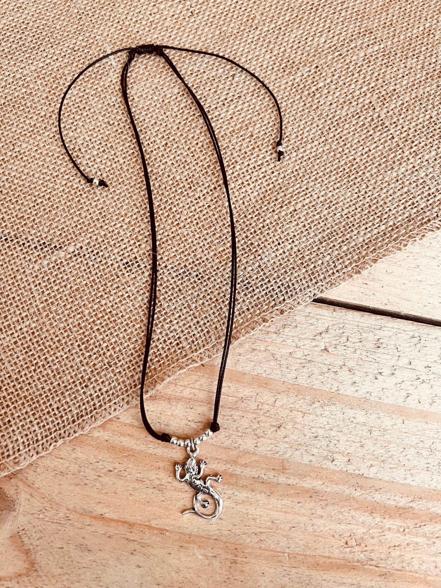 Handmade Fair Trade Ethically Sourced Lizard Geko Silver Coloured Black Cord Necklace Choker Surfer Beach Hippie Bohemian Necklace 