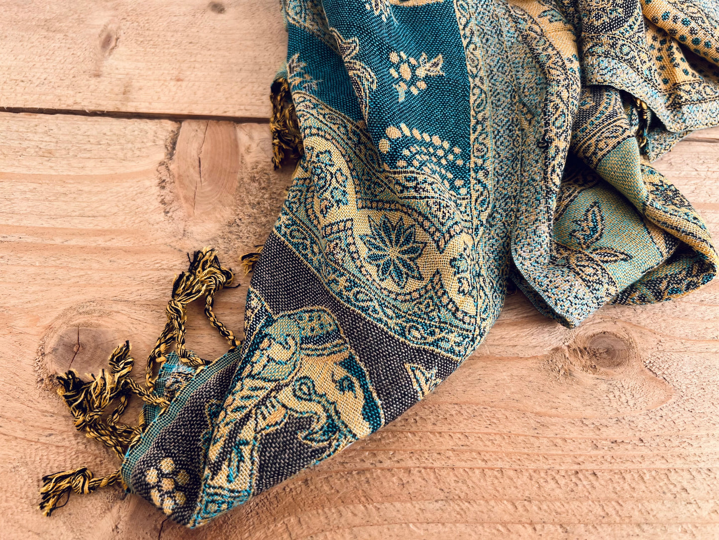 Handmade Fair Trade Ethically Sourced Blue Oversized Blanket Scarf Elephant Print Tassels Hippie Indian Gold Yellow Sofa Blanket 