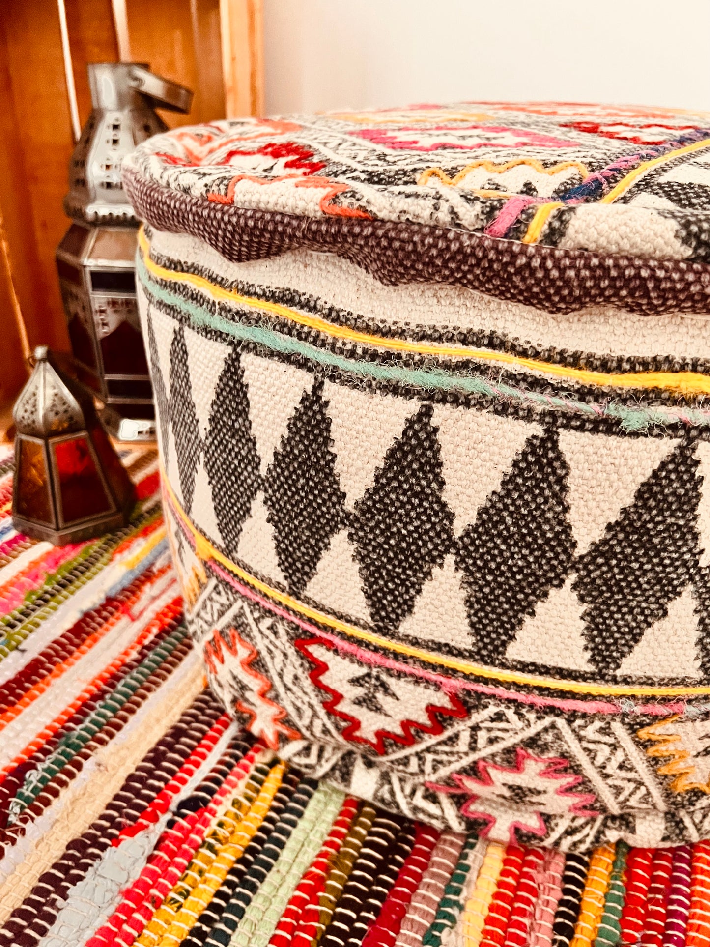 handmade large round footstool pouffe in tribal boho design