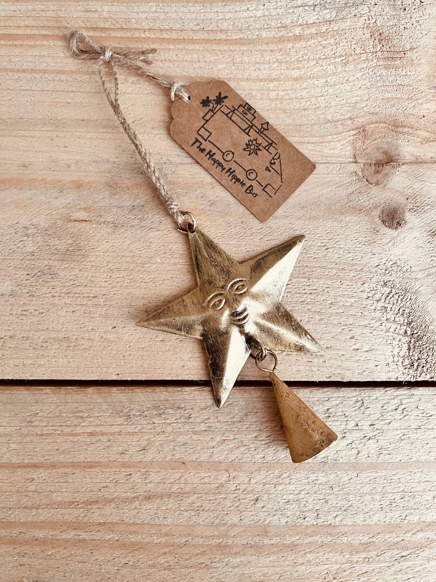 Handmade Fair Trade Smiling Gold Star Bell Indian Bell Mini Bohemian Hippie Hanging Decor