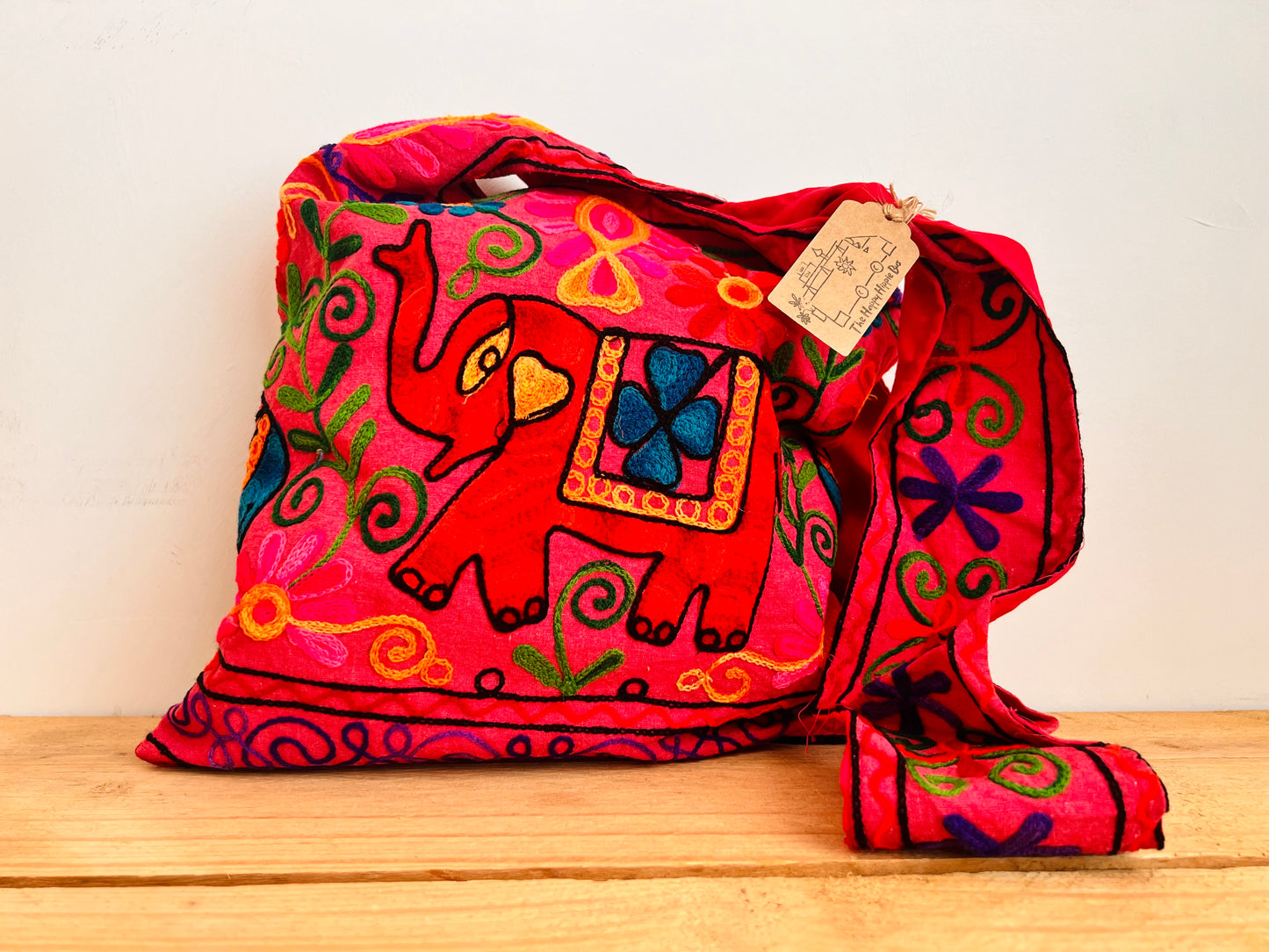 Hand Embroidered Elephant Shoulder Bag Pink & Purple