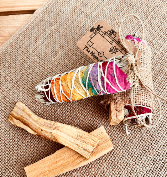 White sage smudge sticks with colourful rose petals wrapped with Palo Santo sticks, home fragrance, cleansing ritual incense 