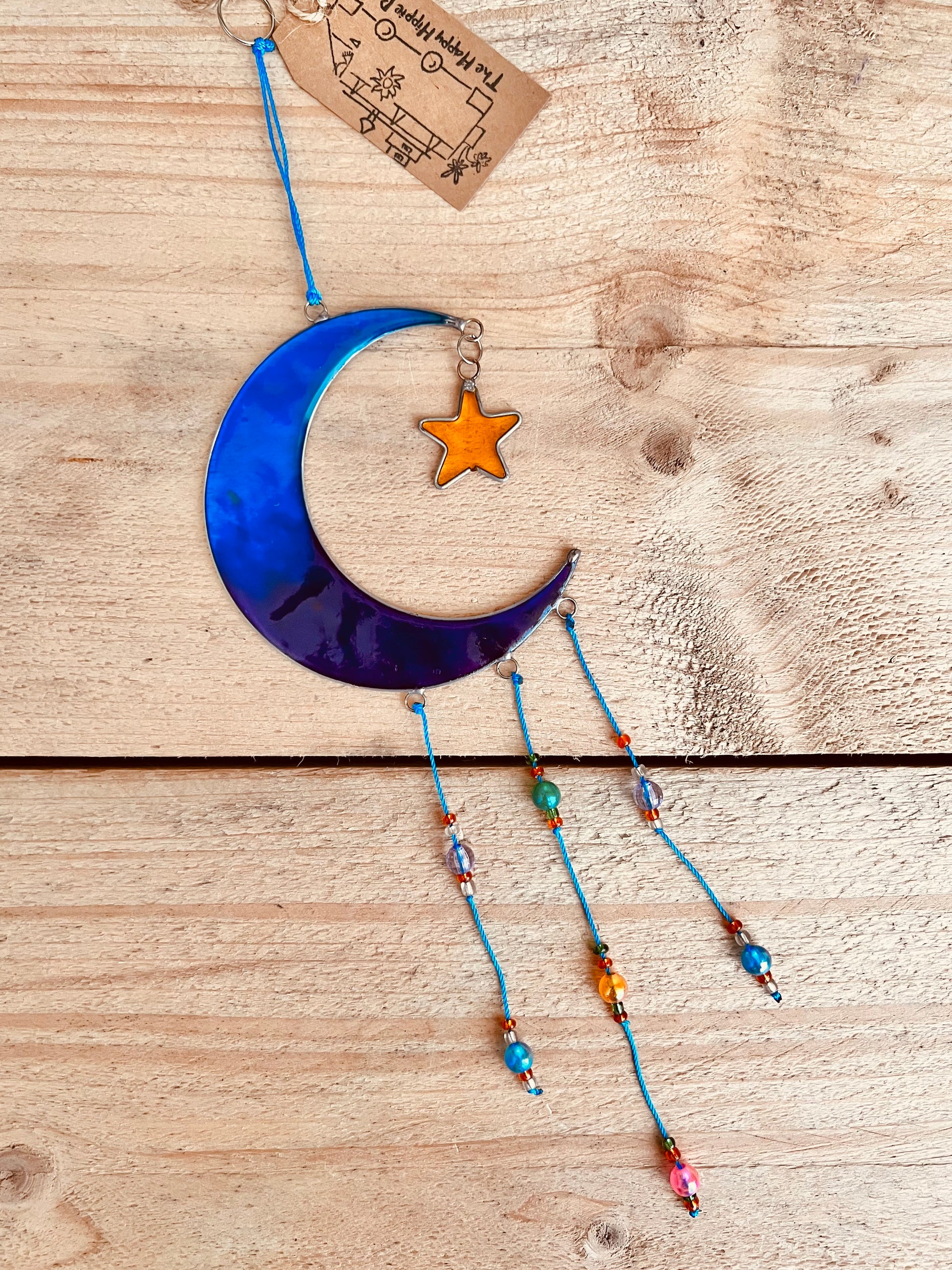 Crescent Moon and star blue sun catcher suncatcher hanging window decoration stained glass colourful hanging decoration handmade fair trade and ethically sourced