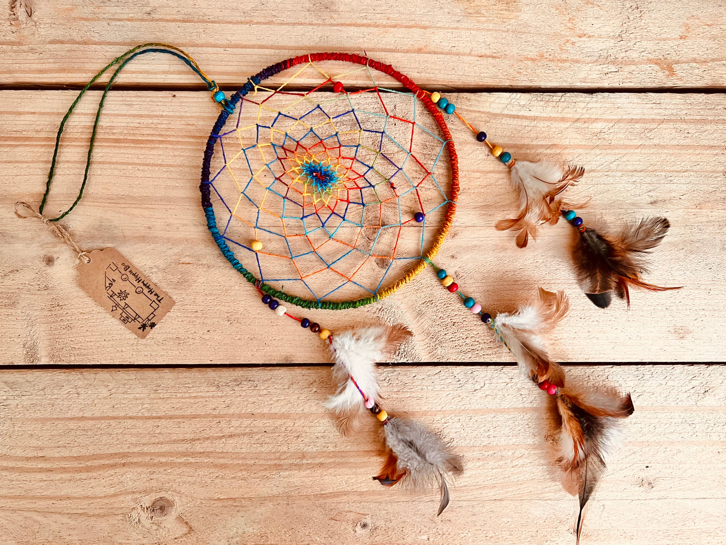 dream catcher handmade fair trade rainbow hemp dreamcatcher, ethical boho hippie home decor bedroom dreamcatcher in multicolours