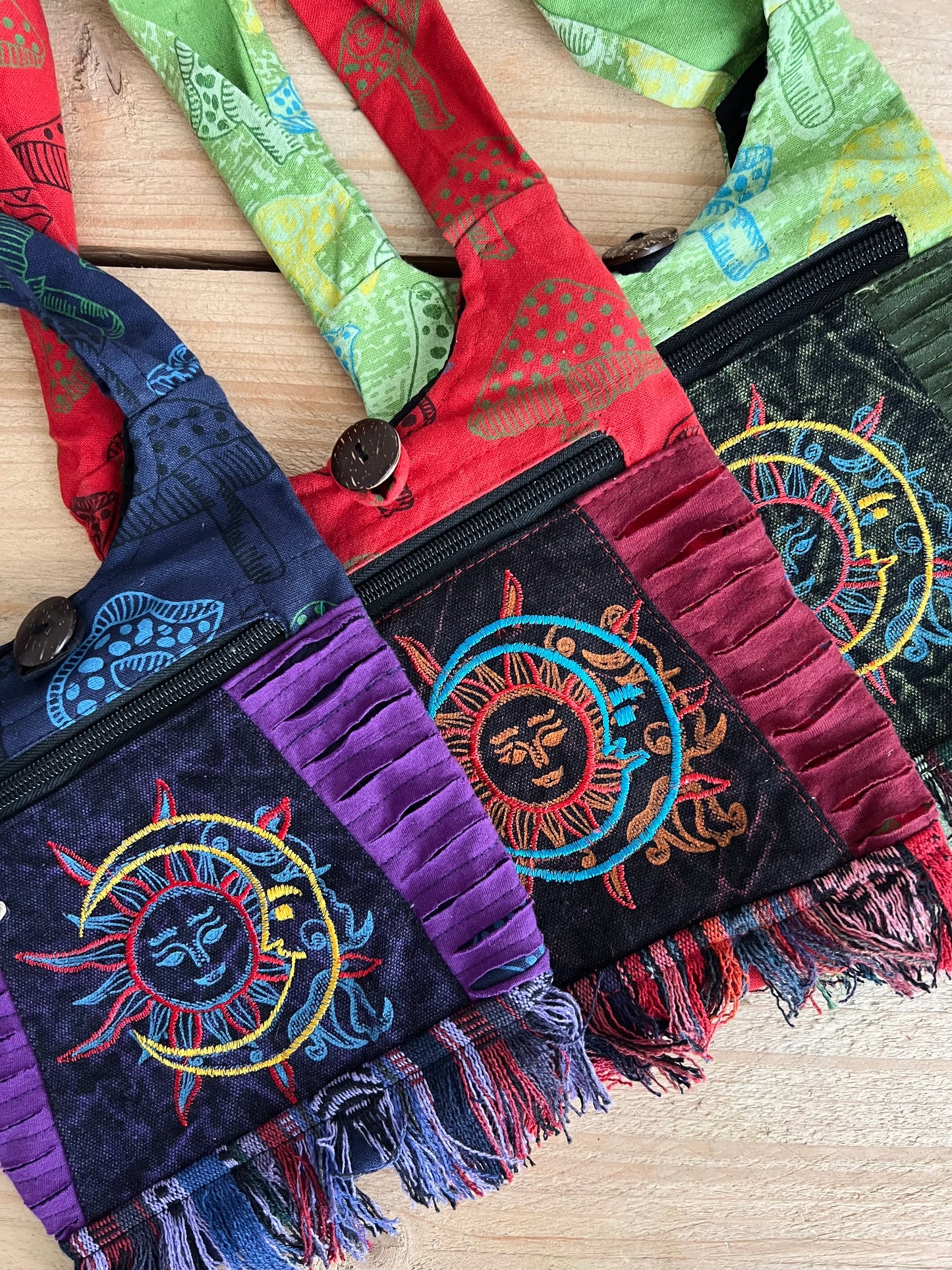 Handmade Fair Trade Bohemian Sun & Crescent Moon Hippie Shoulder Money Bag Beach Travel Festival 