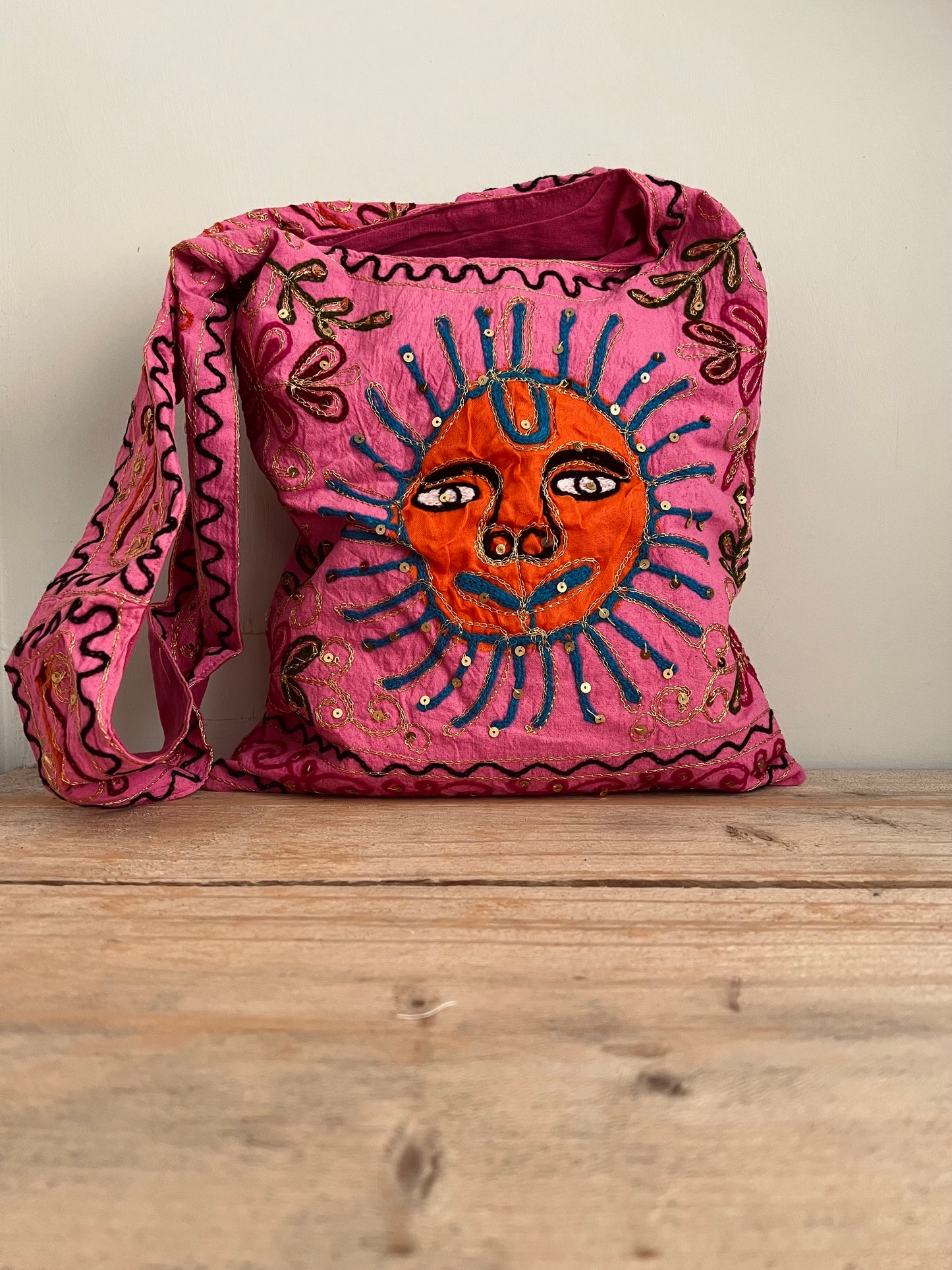 Handmade Fair Trade Hand Embroidered Smiling Indian Sun Shoulder Bag Festival Travel Bohemian Bag Pink