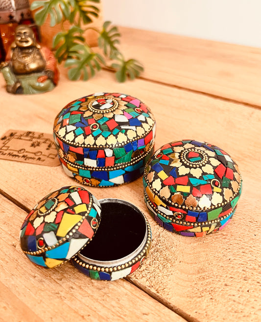 Handmade mini metal trinket jewellery storage boxes, multicolour mosaic & gold design round mini storage boxes, three sizes nesting mini trinket boxes