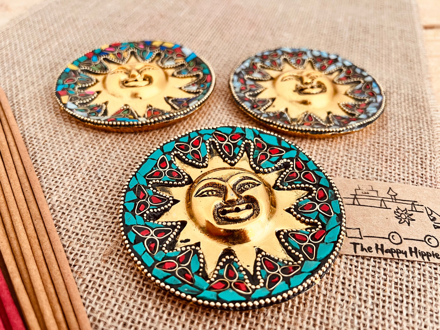 Smiling Gold Sun Incense Stick Holder Ash Catcher