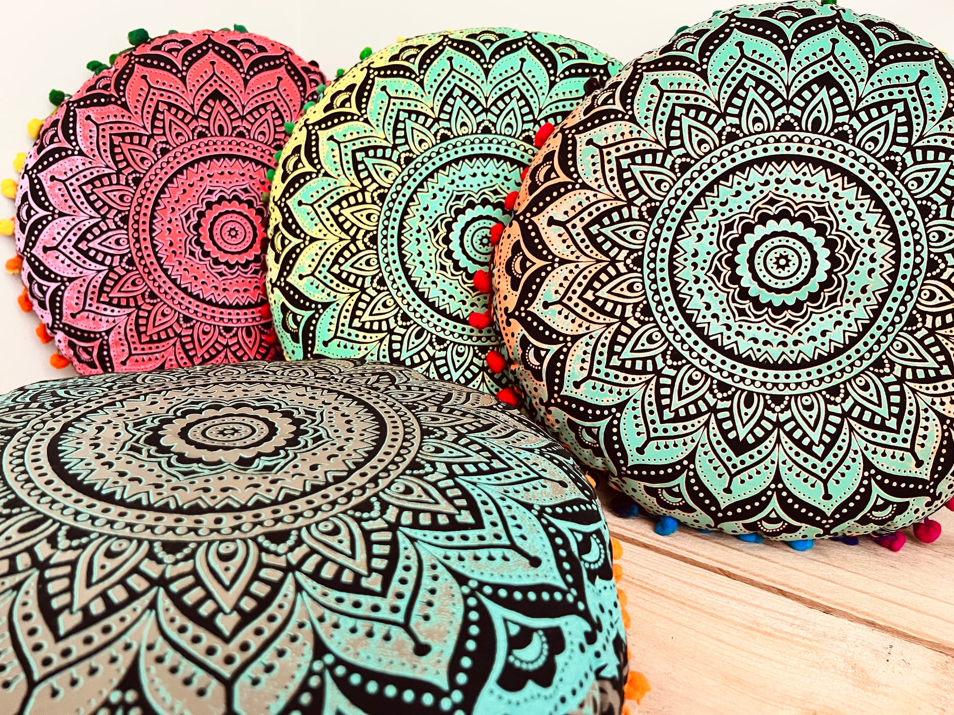 Handmade Fair Trade Round Mandala Print Yoga Meditation Floor Cushion Boho Hippie Home Decor Pom Pom