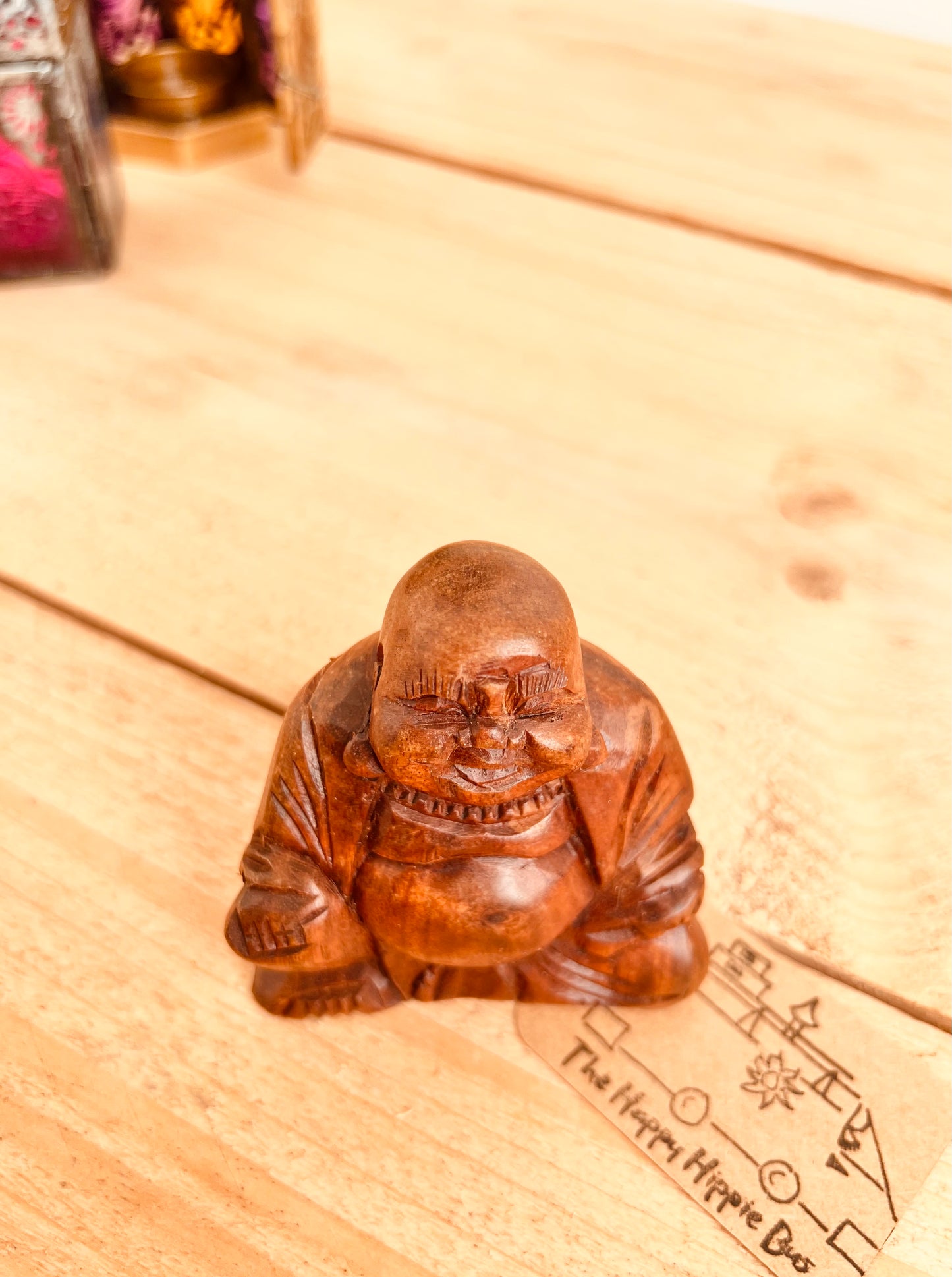 Handmade fair trade carved wooden mini Buddha statue ornament, boho hippie home decor laughing good luck spiritual Buddha home decor mini statue 