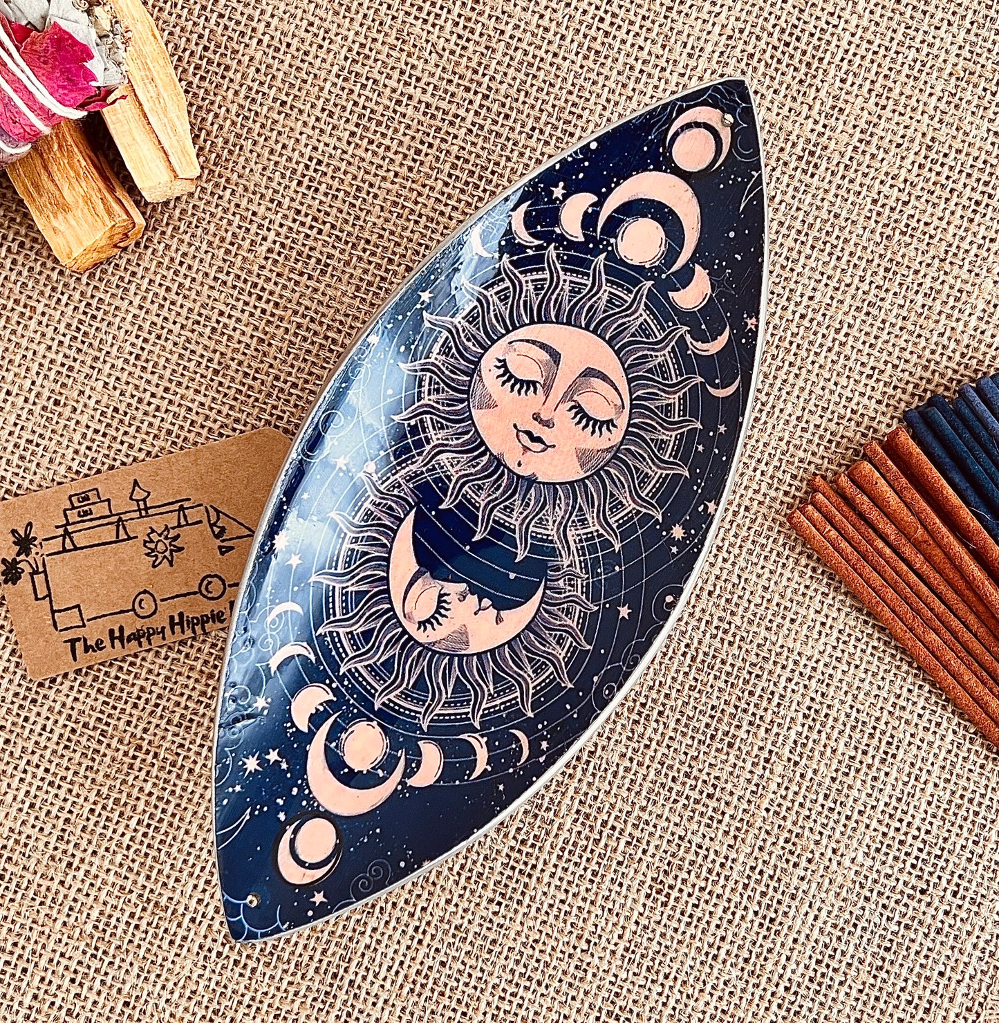 Handmade Fair Trade Ethically Sourced Bohemian Hippie Incense Holder Moon & Sun Design 