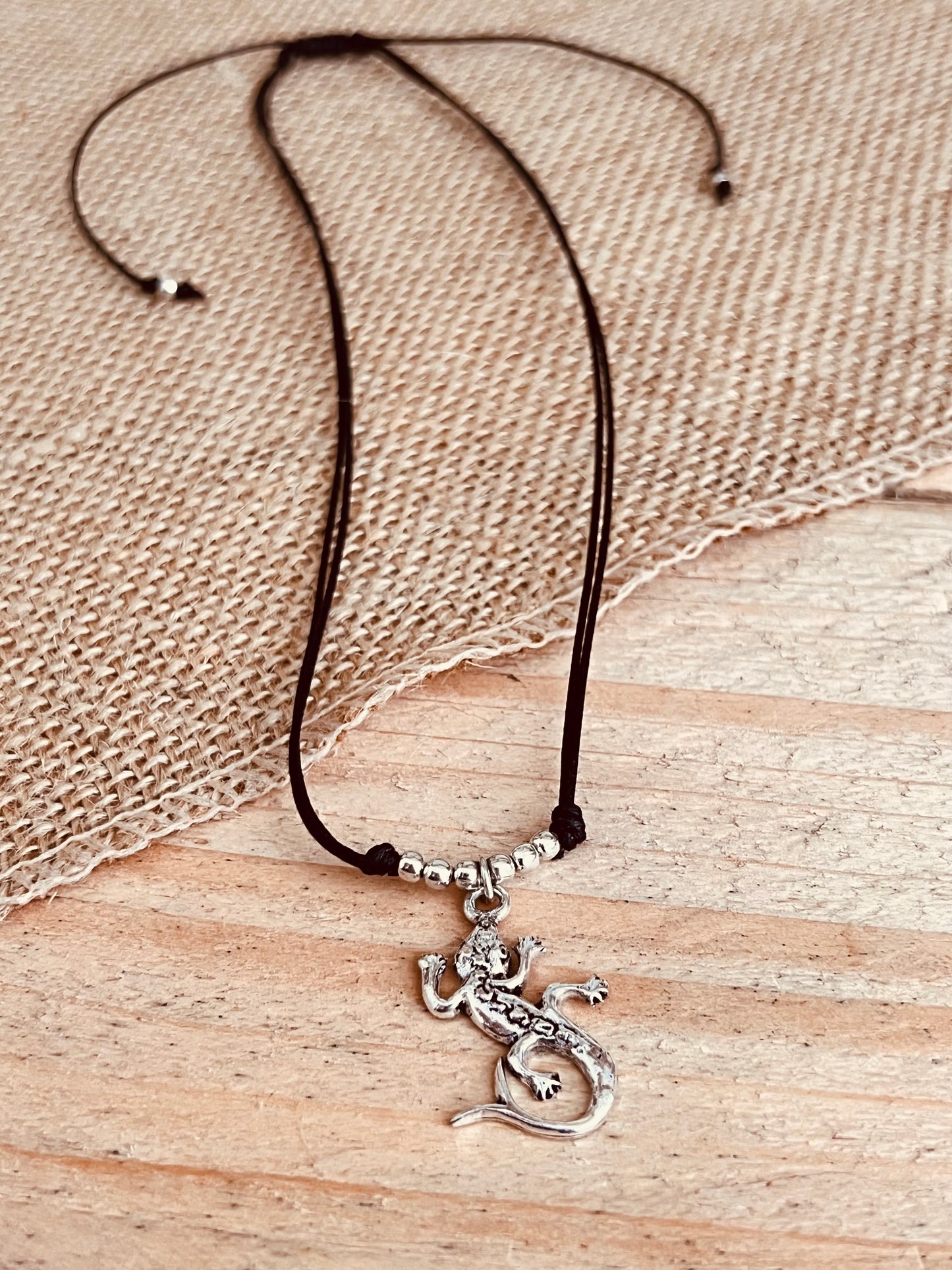 Handmade Fair Trade Ethically Sourced Lizard Geko Silver Coloured Black Cord Necklace Choker Surfer Beach Hippie Bohemian Necklace 