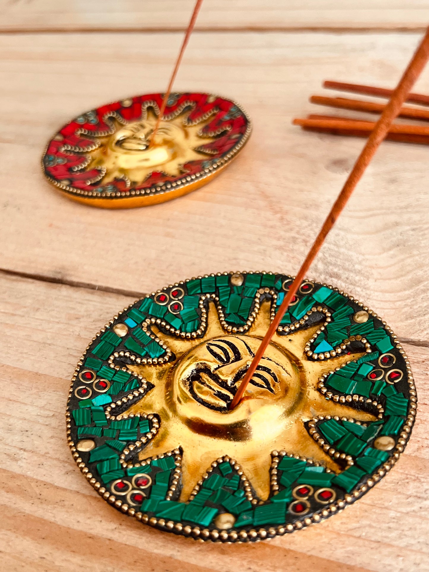 Handmade Fair Trade Mossaic Incense Stick HOlder With Gold Sun Face Ash Catcher