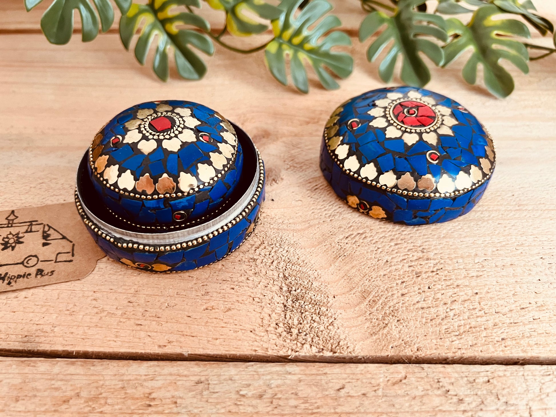 Open blue and gold mosaic trinket box showing metal interior, handmade fair trade box