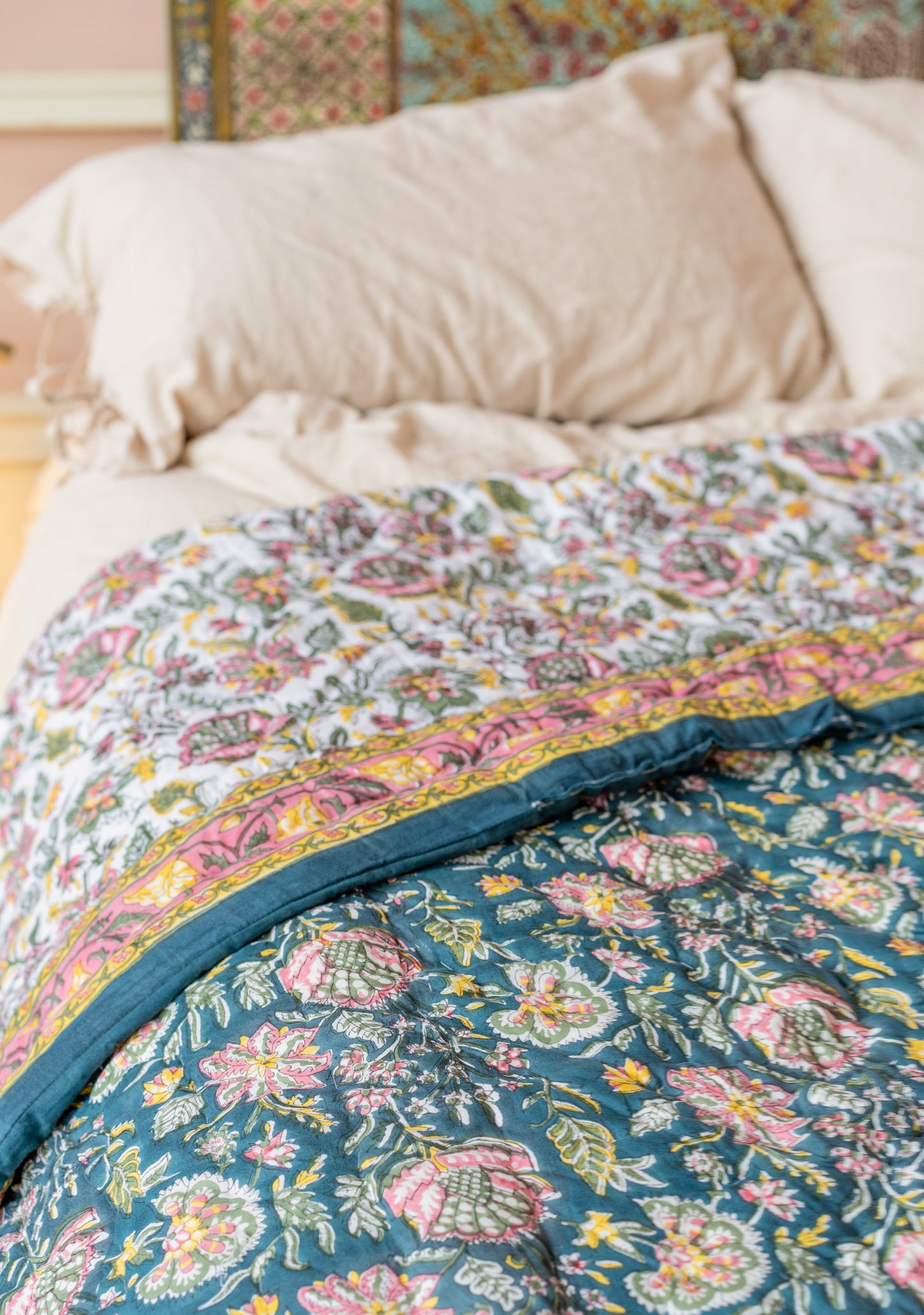 Handmade floral bedspread blue pink duvet cover 