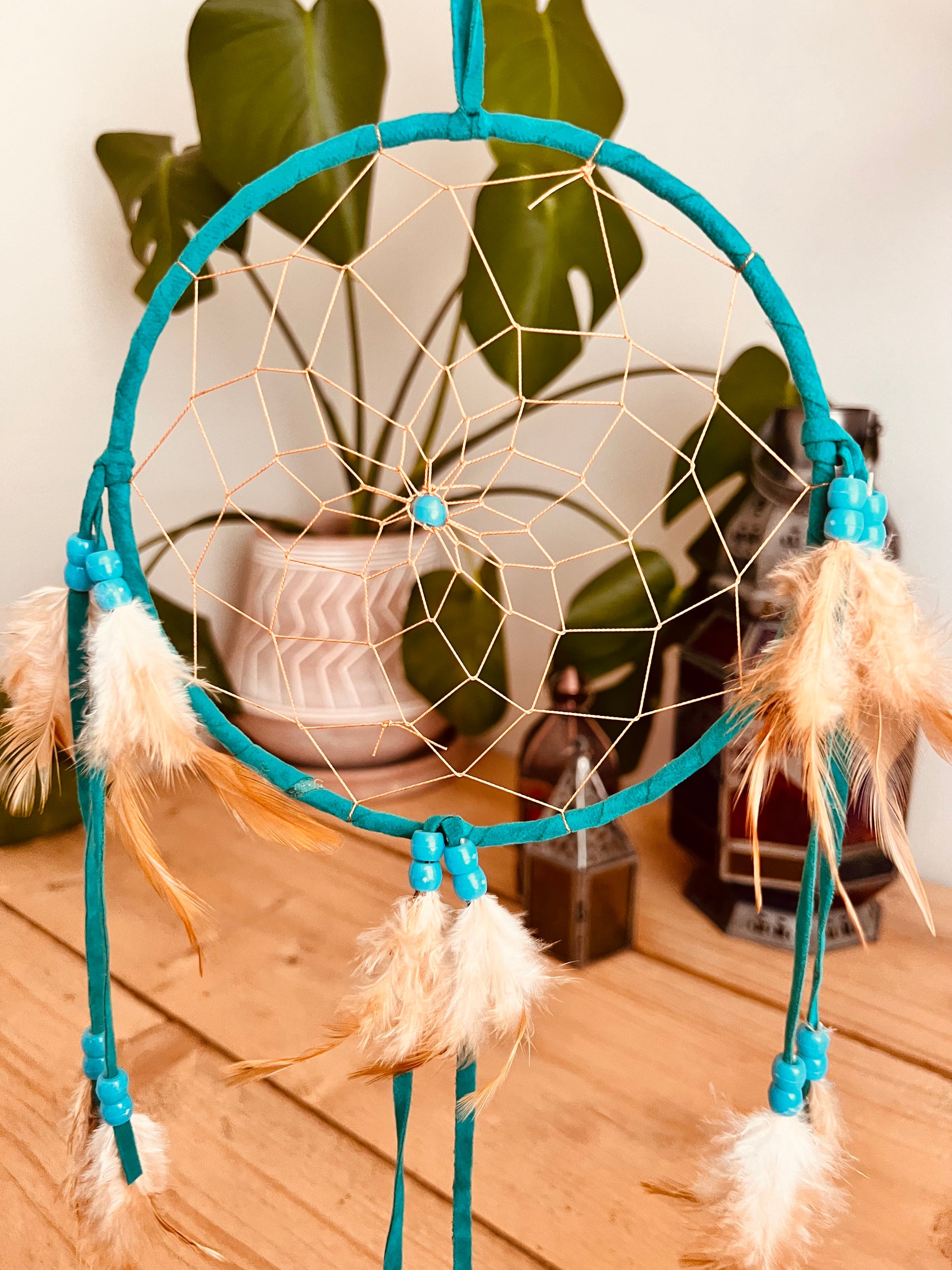 Turquoise teal handmade fair trade ethically sourced dream catcher natural feather dreamcatcher boho hippie bohemian home decor hanging dream catcher