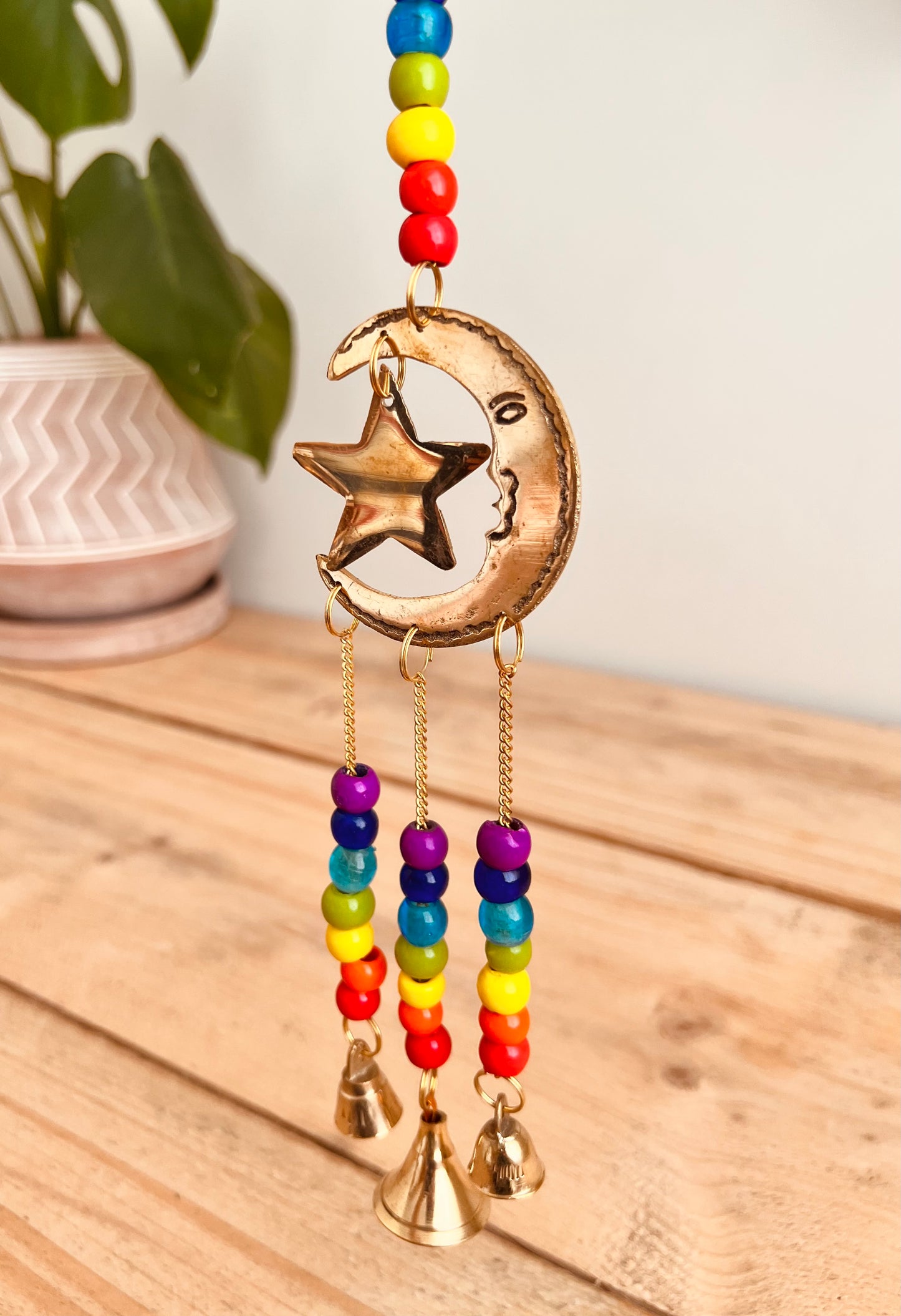 Handmade & Fair Trade Hanging Crescent Moon & Star Chakra Beads With Bells Hippie Wind Chime Boho Windchime