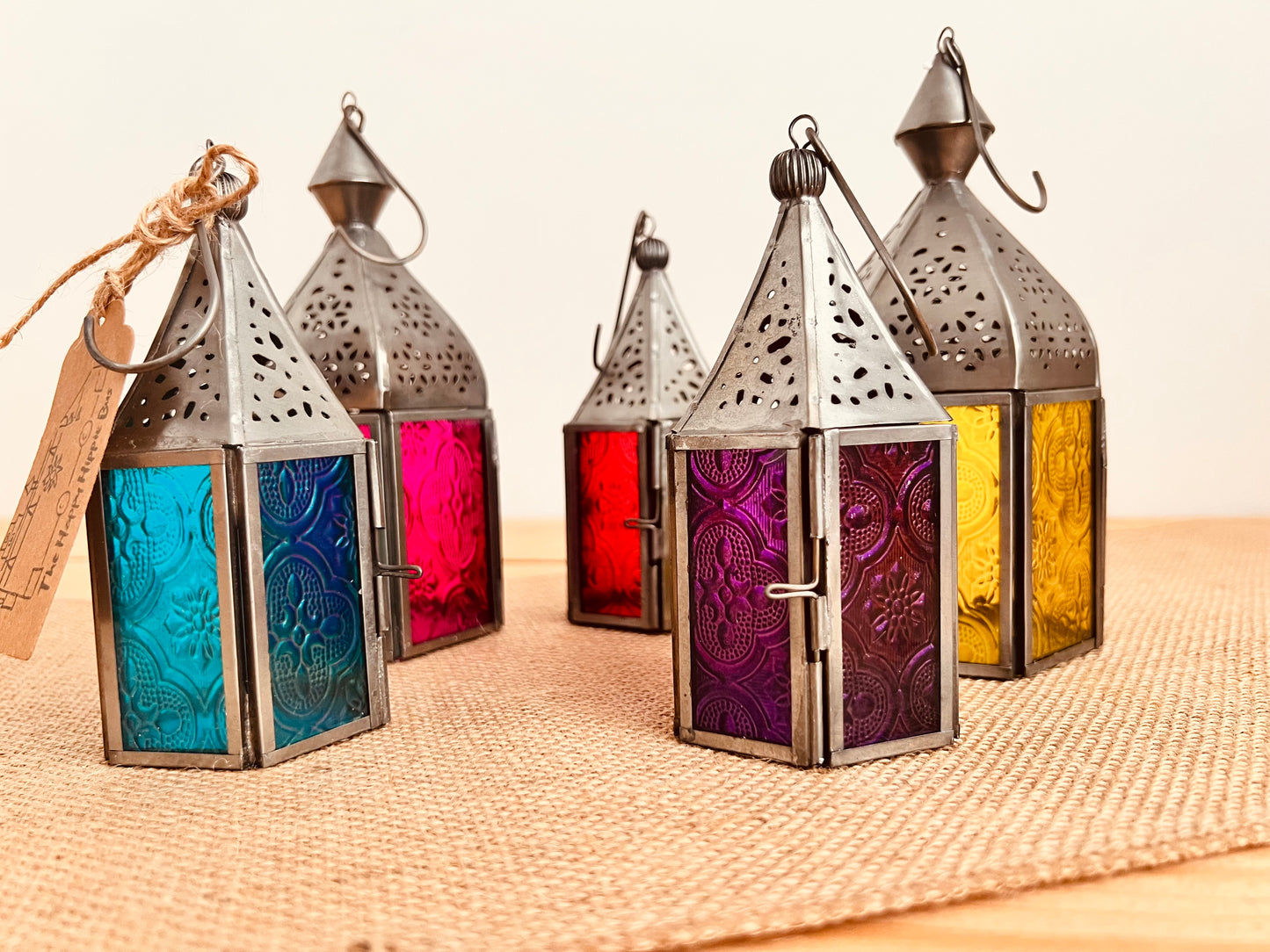 Handmade Fair Trade Ethically Sourced Recycled Metal Glads Lantern Moroccan Style T Light Holder Small Colourful Boho Hippie Decor Orange Purple Green Blue Purple Yellow Pink Red Silver Mini Lantern 