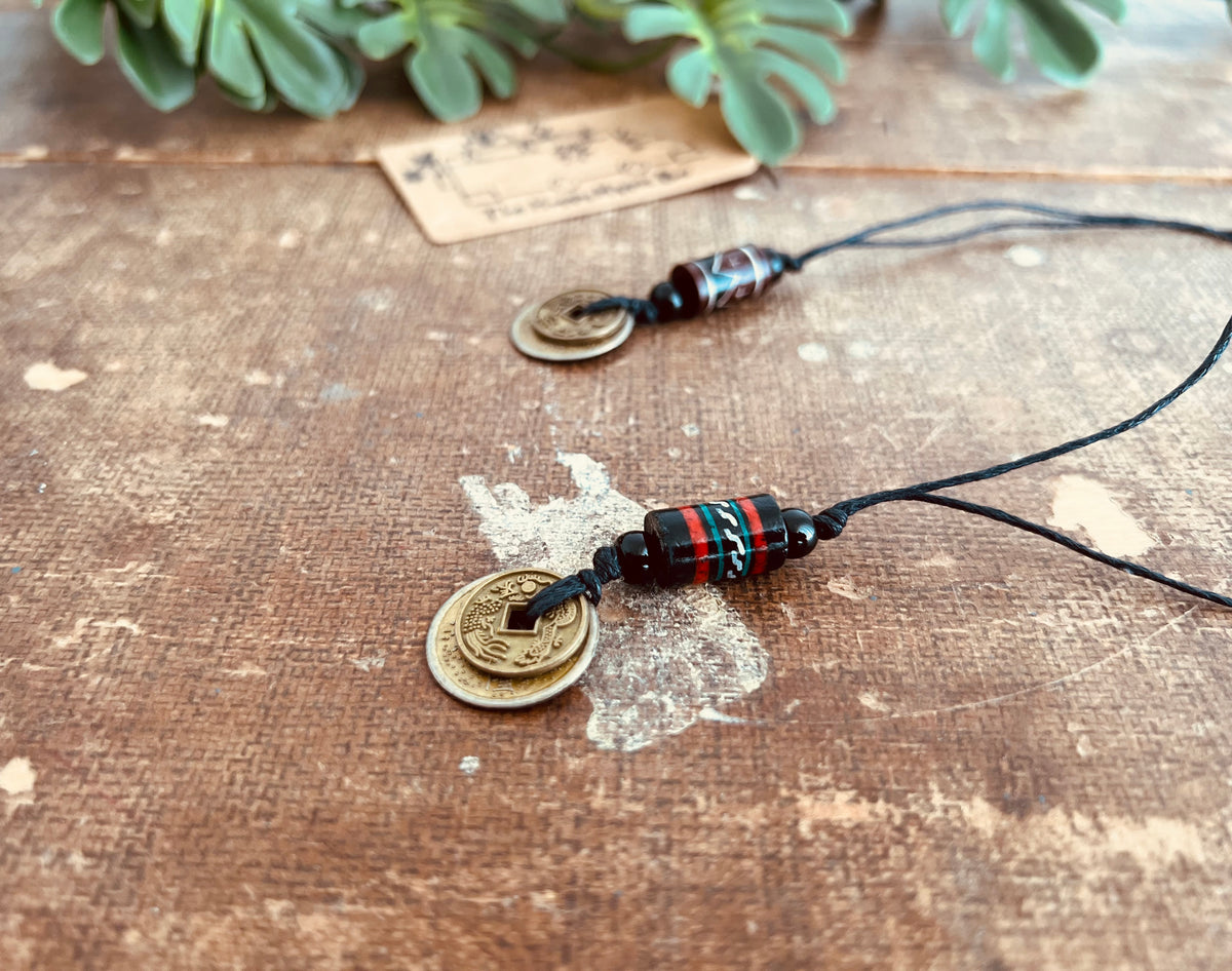 Good Fortune Coin & Tribal Boho Bead Cord Necklace