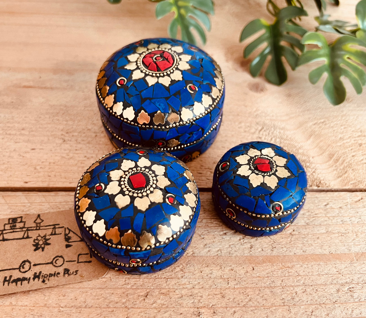 Set of three small mosaic metal boxes in blue and gold, boho home decor