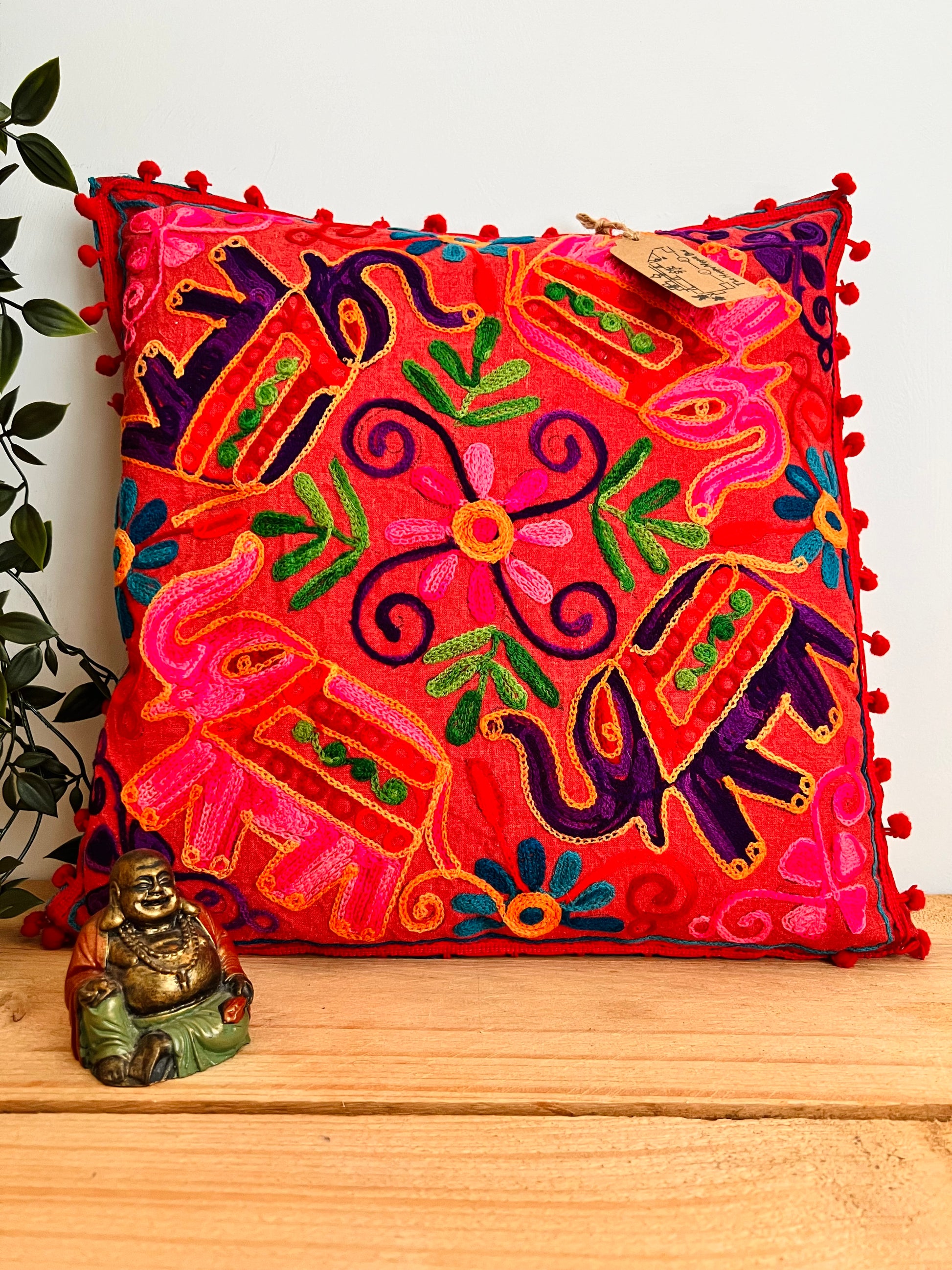 Handmade Embroidered Bohemian Elepahnt Pink Purple Hippie Cushion Cover With Pom Pom Edge Fair Trade Ethically Sourced Handmade