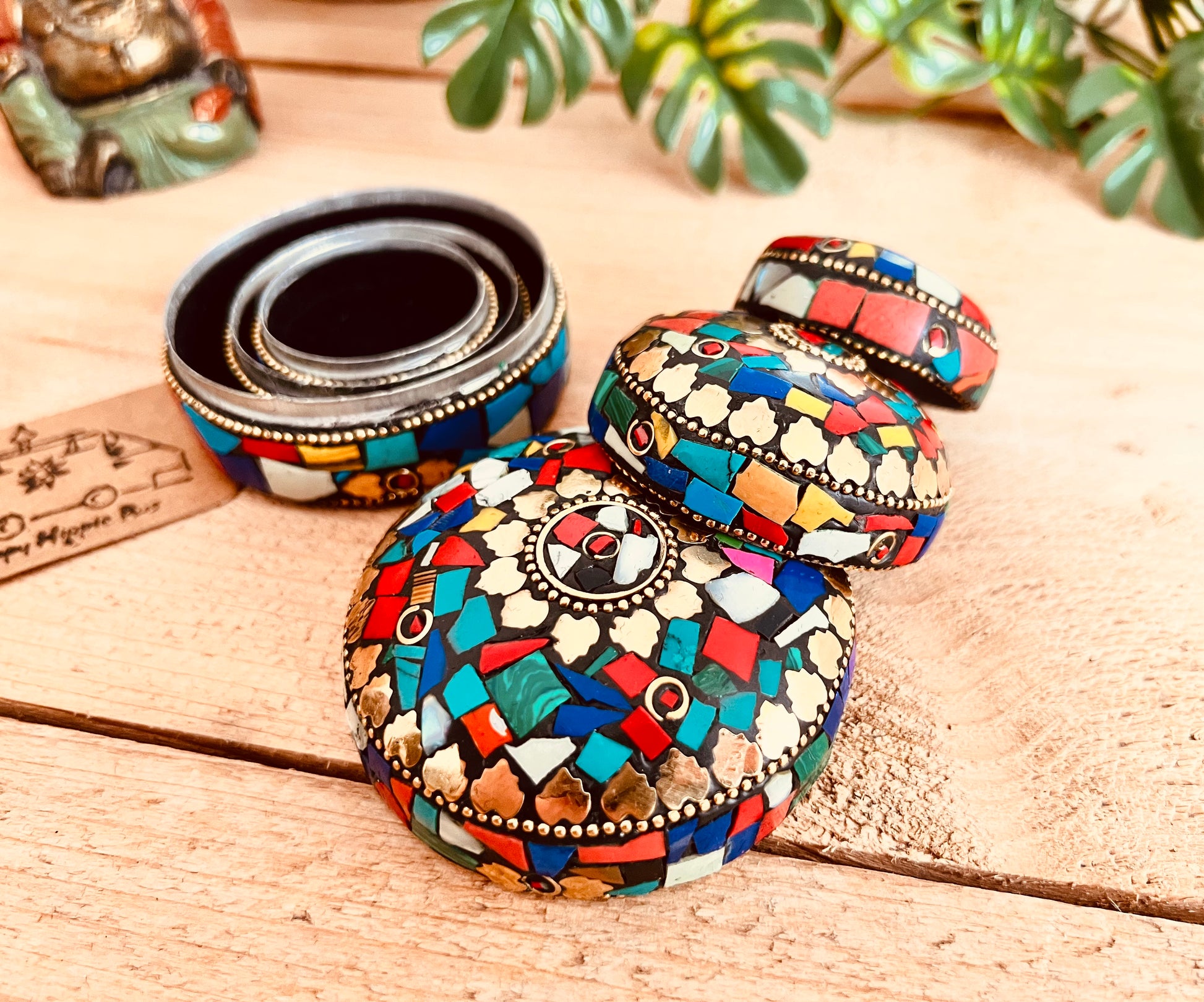 Nesting mini metal trinket jewellery storage boxes, handmade with multicolour mosaic & gold design round mini storage boxes, three sizes nesting mini trinket boxes