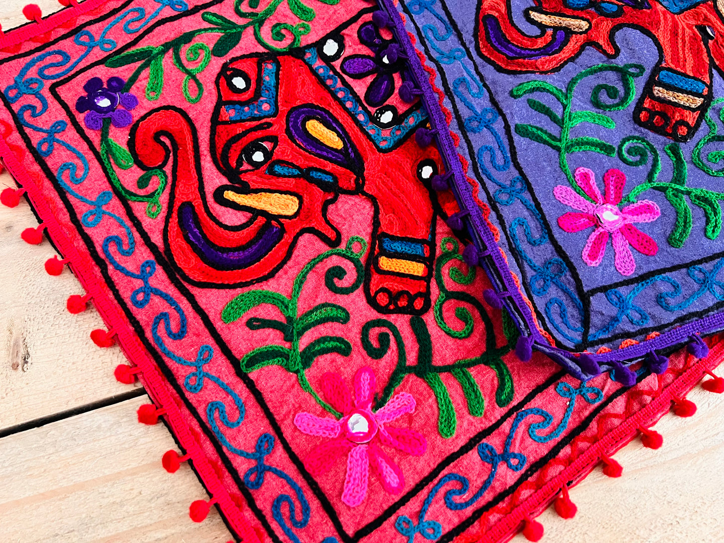 Handmade Embroidered Bohemian Elepahnt Pink Purple Hippie Cushion Cover With Pom Pom Edge Fair Trade Ethically Sourced Handmade