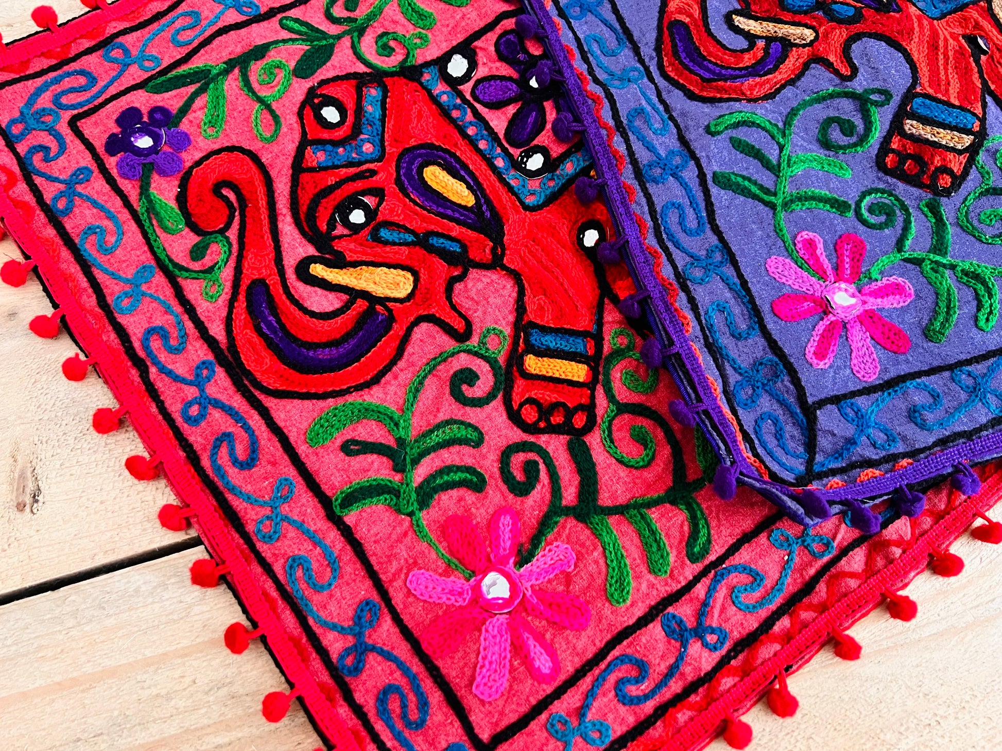 Handmade Embroidered Bohemian Elepahnt Pink Purple Hippie Cushion Cover With Pom Pom Edge Fair Trade Ethically Sourced Handmade