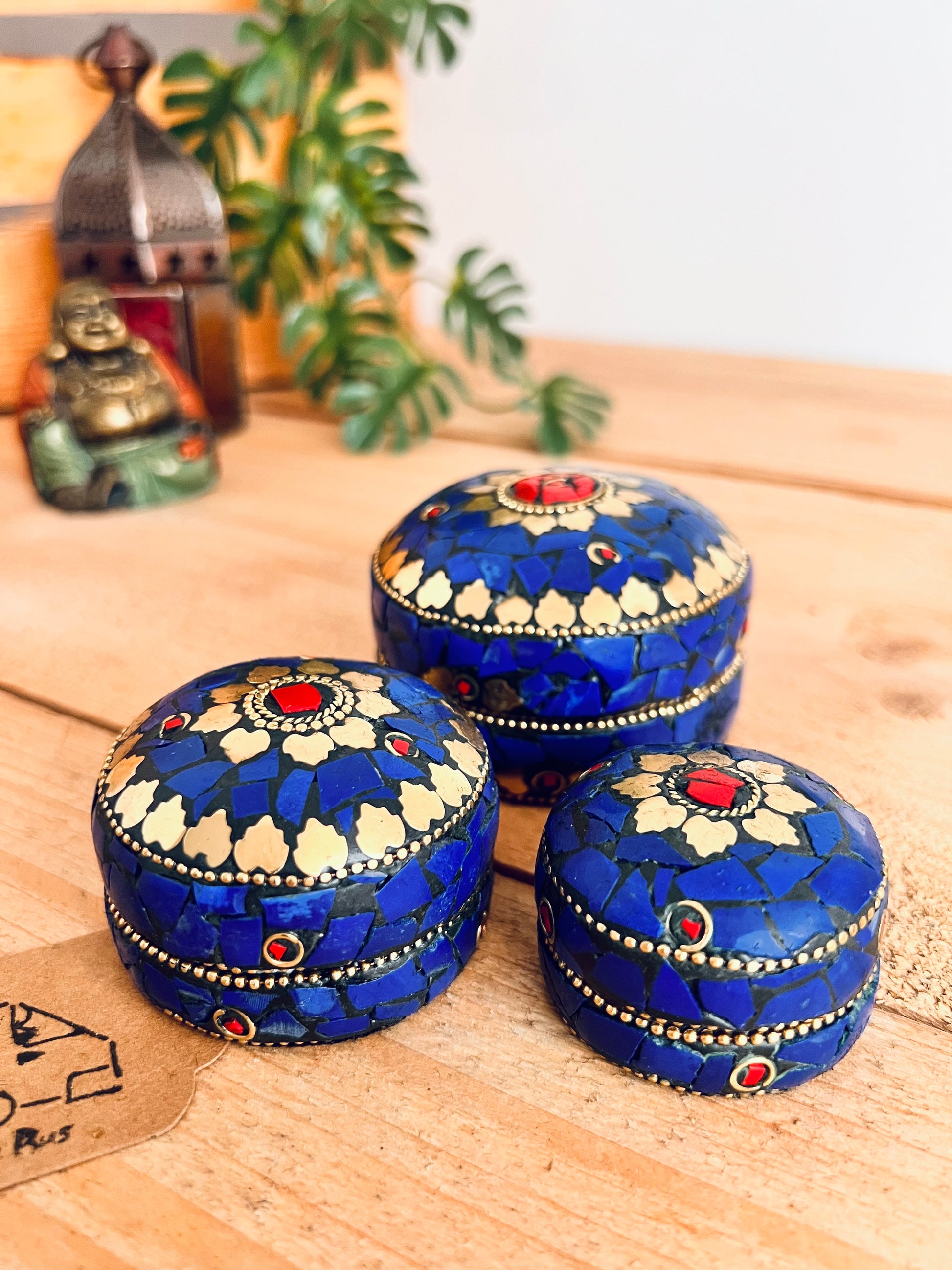 Set of three mini blue and gold mosaic trinket boxes, handmade fair trade metal nesting boxes