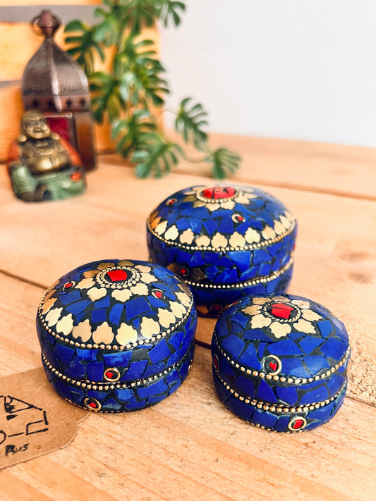 Set of three mini blue and gold mosaic trinket boxes, handmade fair trade metal nesting boxes