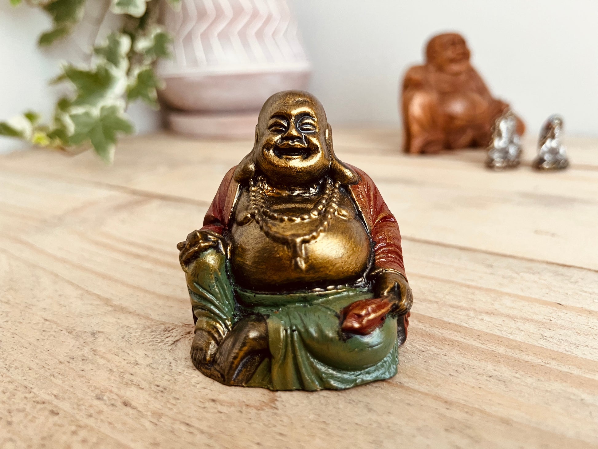 Handmade Fair Trade Laughing Gold Green Red Buddha Ornament Statue Small Bohemian Hippie Decor 