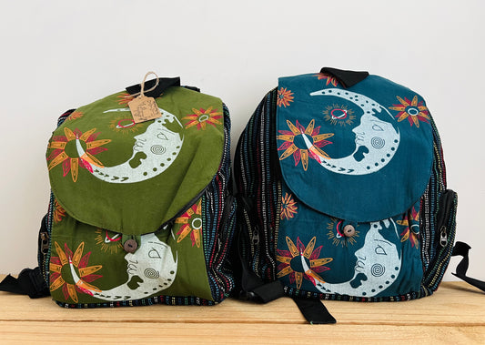 Crescent Moon Hand Printed Backpack Midnight Blue & Earth Green