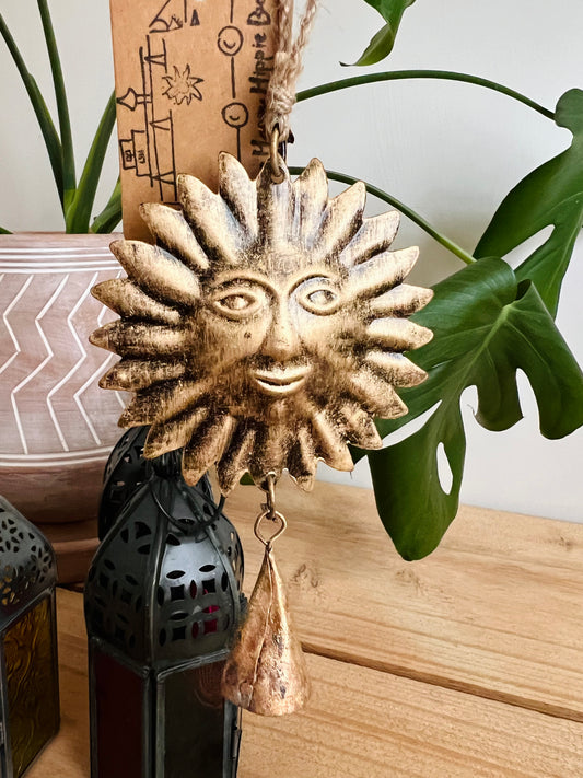 Hanging Brass Sun With Indian Bell Hippie Boho Homeware