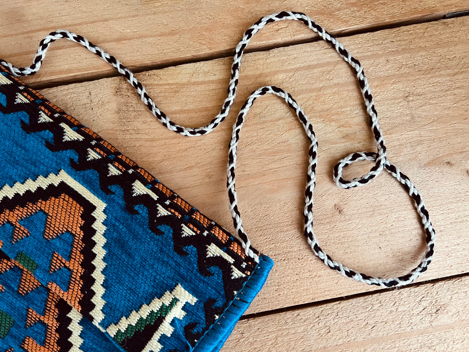 Handmade Fair Trade Turkish Kilim Shoulder Bag IN Sky Blue With a Black & White String Strap Flap Pocket Wooden Beads and Tassels Sky Blue