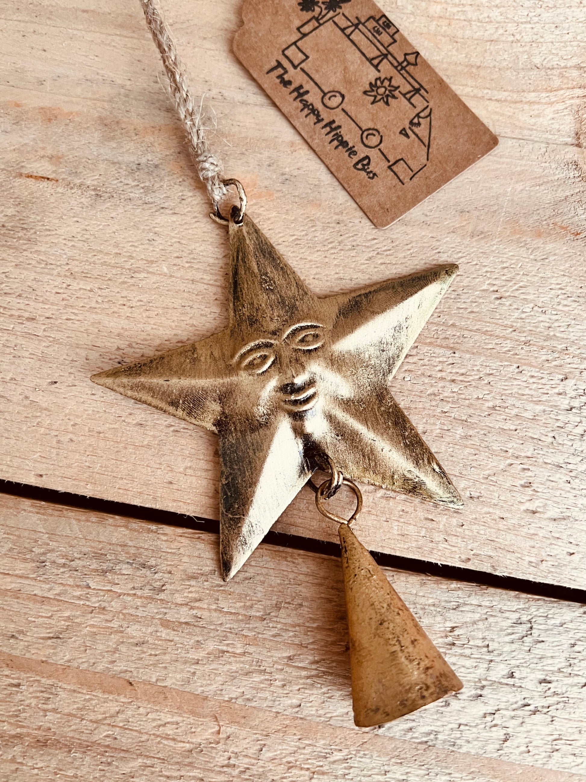 Handmade Fair Trade Smiling Gold Star Bell Indian Bell Mini Bohemian Hippie Hanging Decor